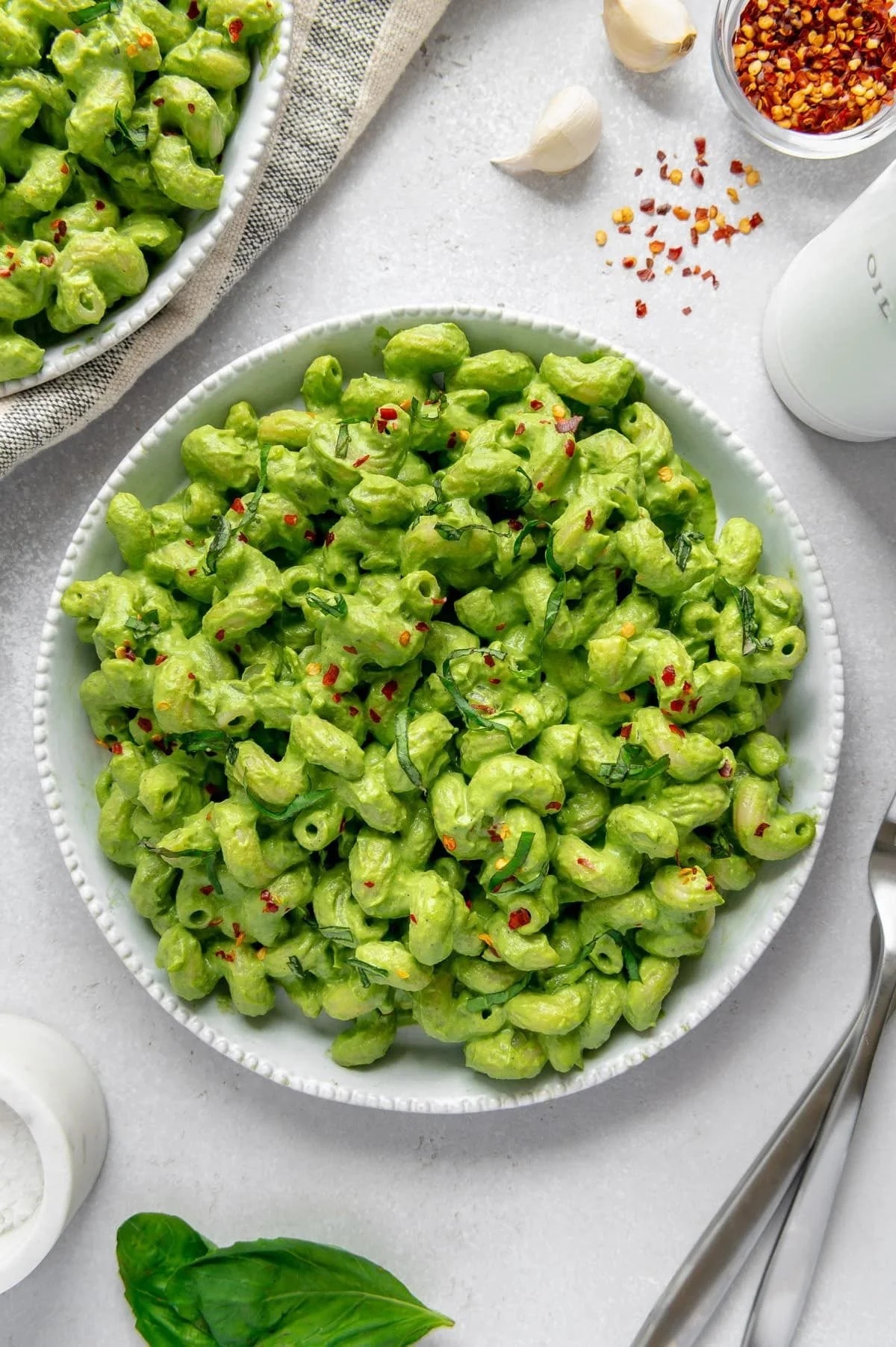 Green pesto and pesto and pea pasta