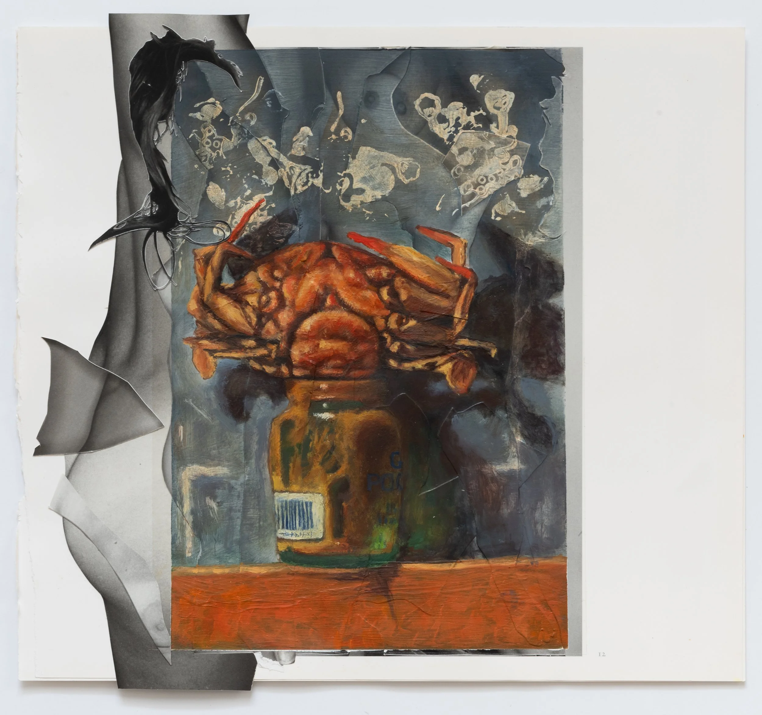 Mustard Jar Crab, 2025, 10.5 x 9.5 inches, oil paint on photo book pages