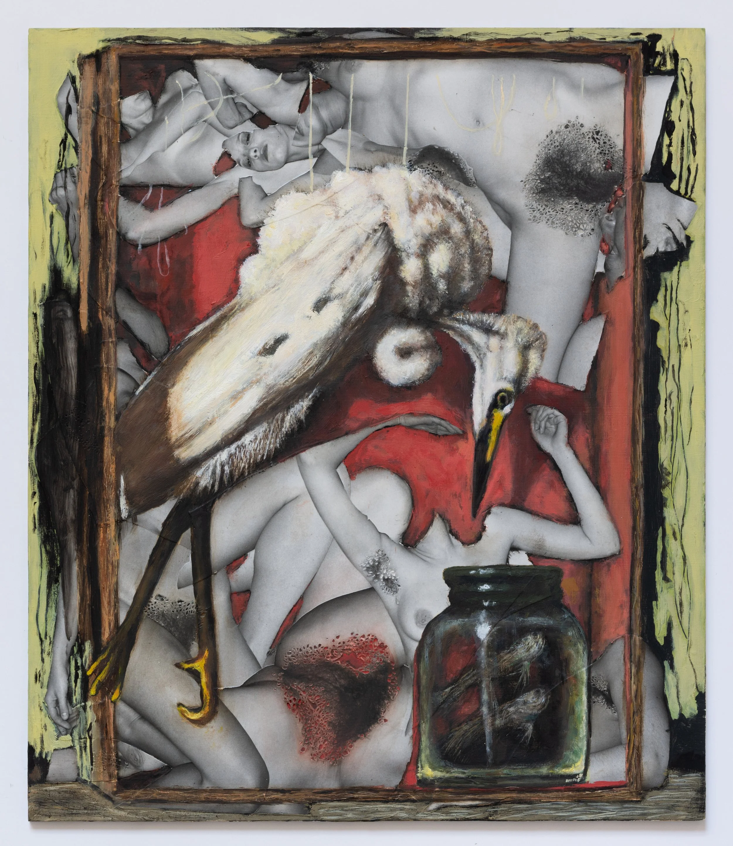 Small World, 2025, 15 x 12.25 inches, oil paint on dibond with collaged book pages