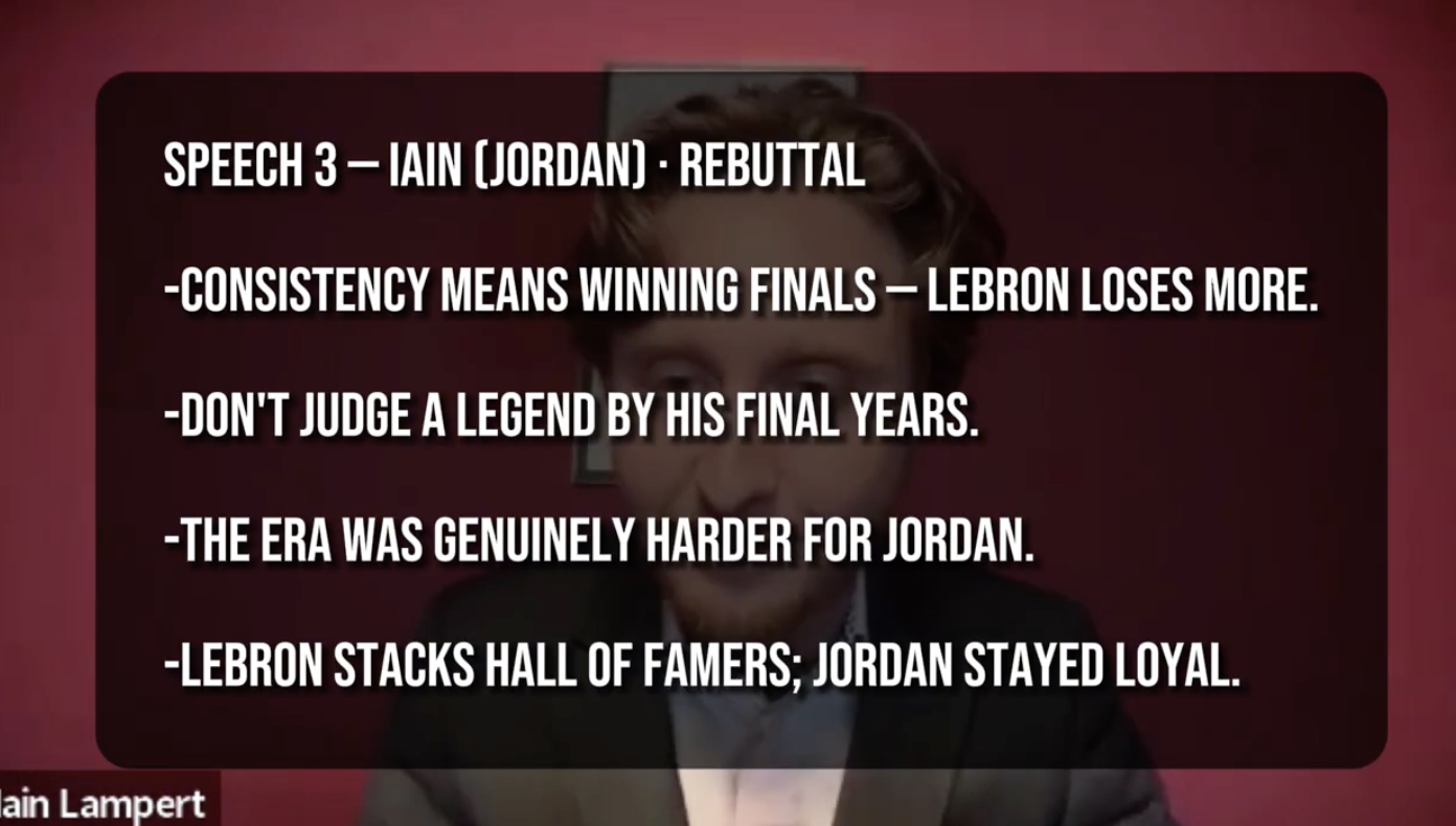 I switch sides and affirm that Jordan is the basketball GOAT (a showcase round with national champion Lindsay Duede).