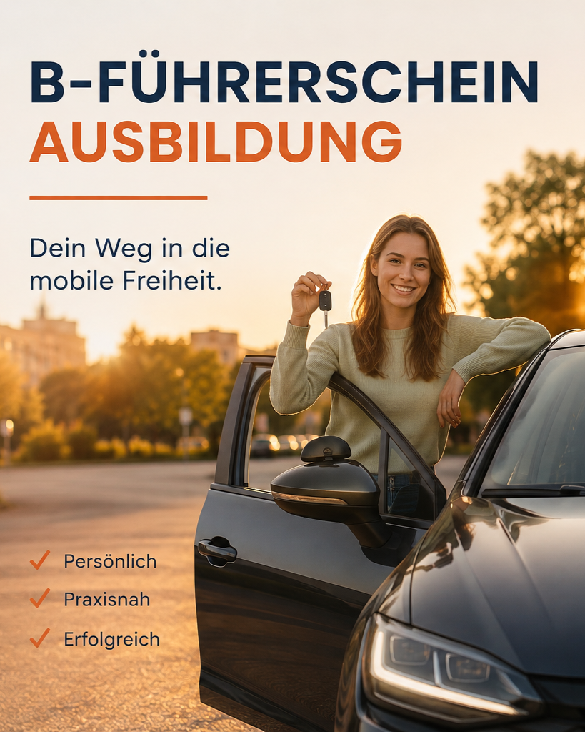 Junge Frau hält Autoschlüssel und steht neben einem schwarzen Auto, bei Sonnenuntergang, mit Bäume im Hintergrund, Werbung für Führerscheinausbildung.