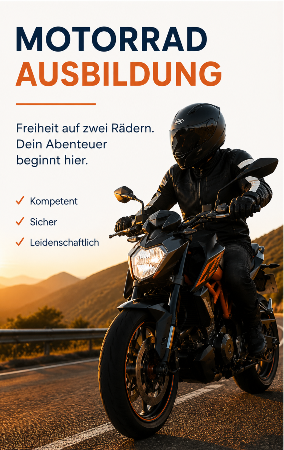 Ein Motorradfahrer auf einer Straße bei Sonnenuntergang, trägt einen schwarzen Helm und eine Lederjacke, mit Bergen im Hintergrund. Text auf dem Bild bewirbt die Ausbildung zum Motorradsfahrer, mit Sätzen wie 'Freiheit auf zwei Rädern', 'Dein Abenteuer beginnt hier' und Stichpunkten wie kompetent, sicher, leidenschaftlich.