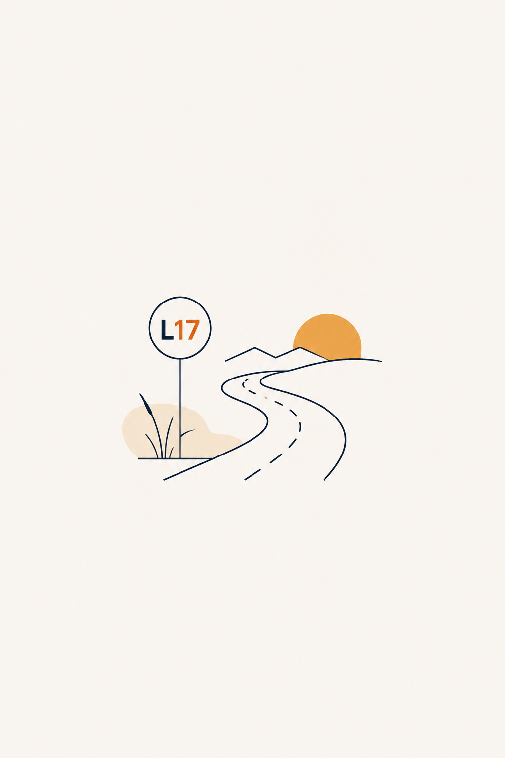 Illustration einer Straße bei Sonnenuntergang, mit einem Schild 'L17' und einer bergigen Landschaft im Hintergrund.