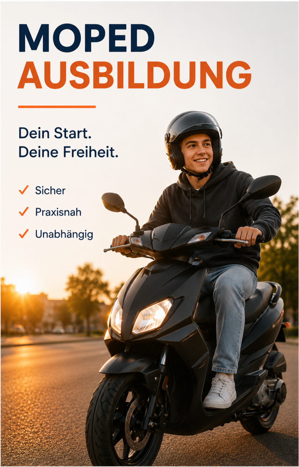 Ein junger Mann fährt auf einem schwarzen Scooter während des Sonnenuntergangs, trägt einen schwarzen Helm und lächelt. Das Bild bewirbt eine Ausbildung zum Moped-Fahrer, mit Text, der Sicherheit, Praxiserfahrung und Unabhängigkeit hervorhebt.