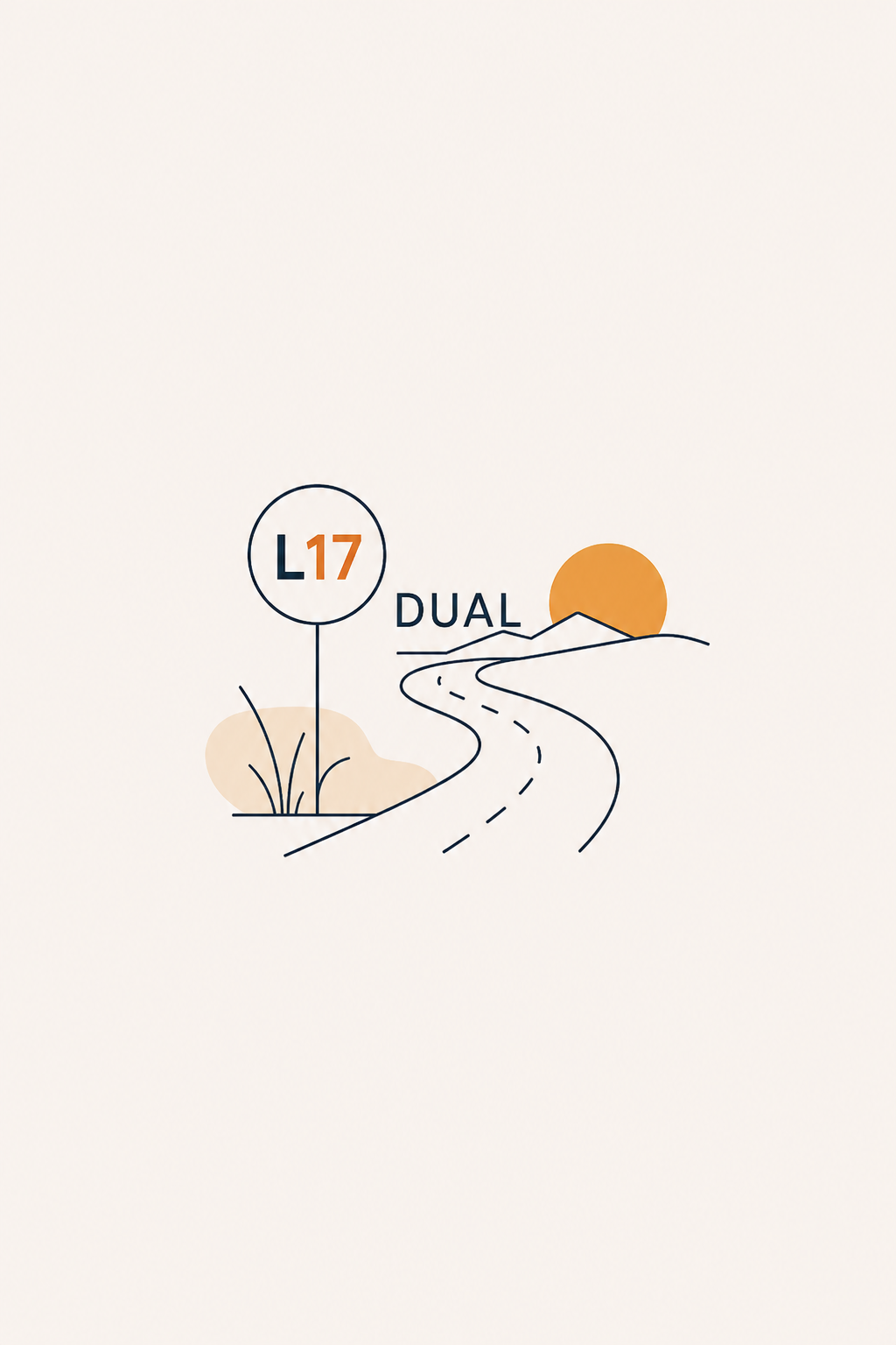 Minimalistisches Lineart, das eine Landstraße, eine Sonnenuntergangsszene, Berge, eine Bodenschilder mit der Aufschrift 'L17', und den Text 'DUAL' zeigt.