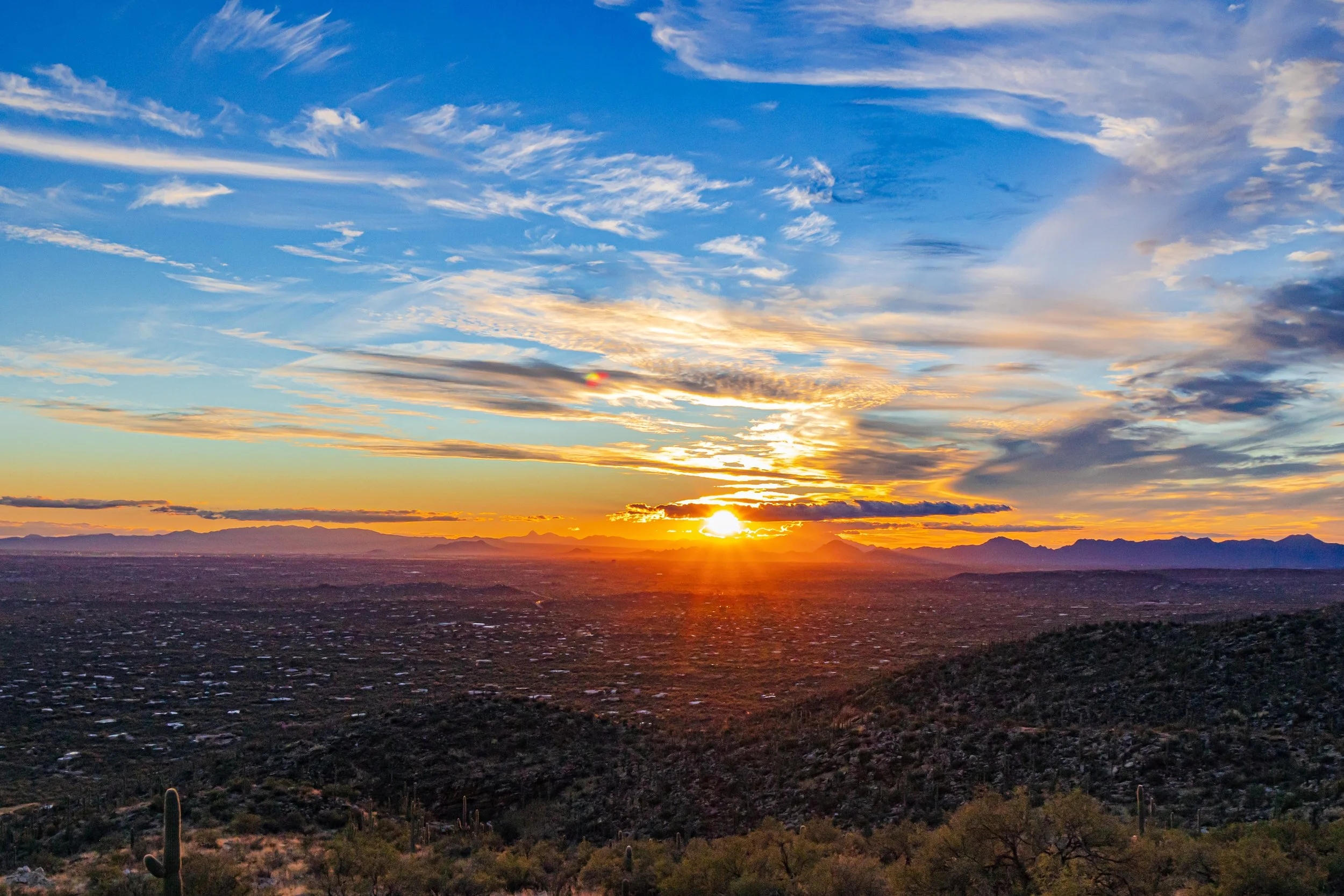 Golden sunset over Tucson, Arizona, with sweeping city views, distant mountains and saguaro cacti in the foreground.