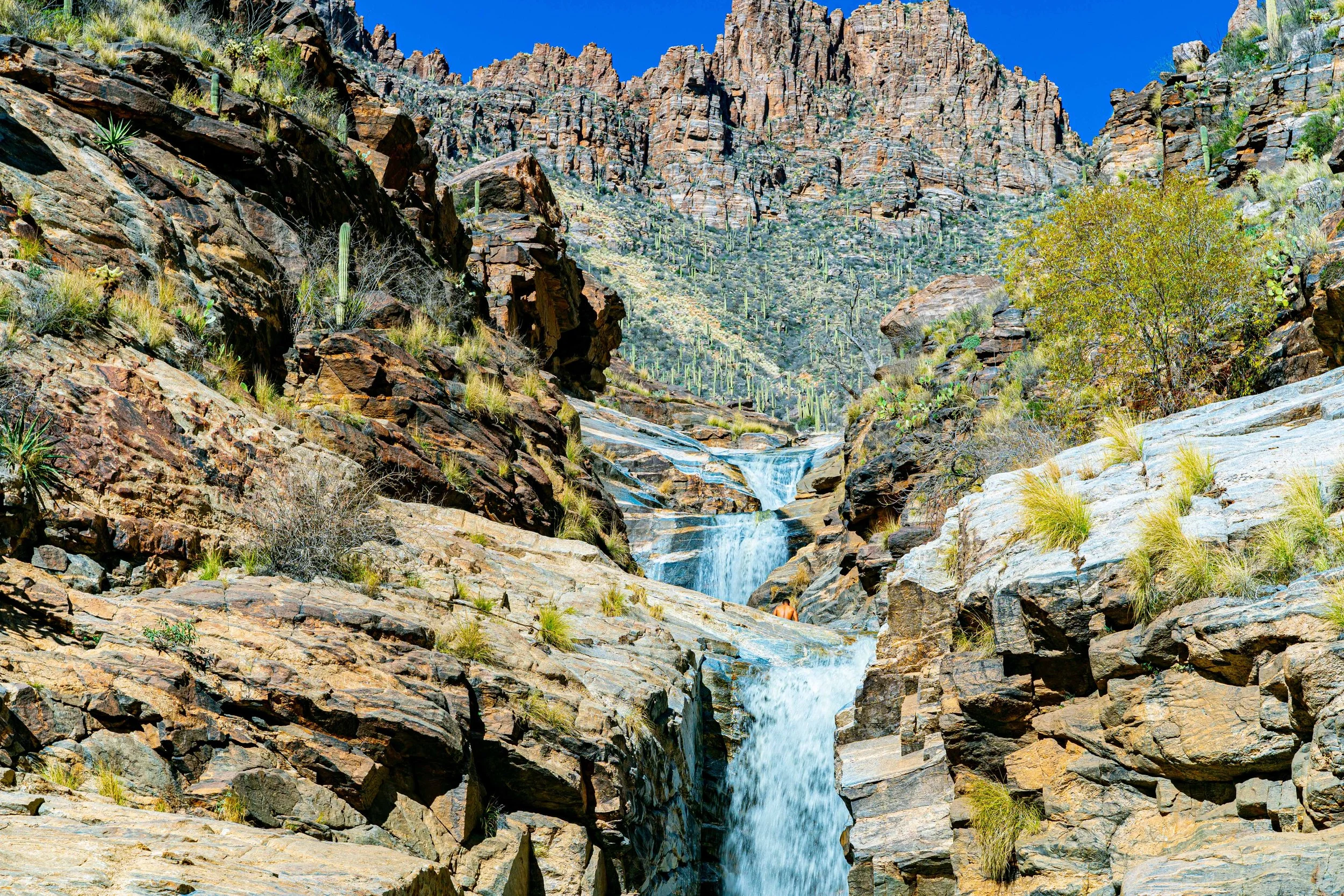 Water cascading over rocky ledges at Seven Falls in Bear Canyon near Tucson, Arizona.