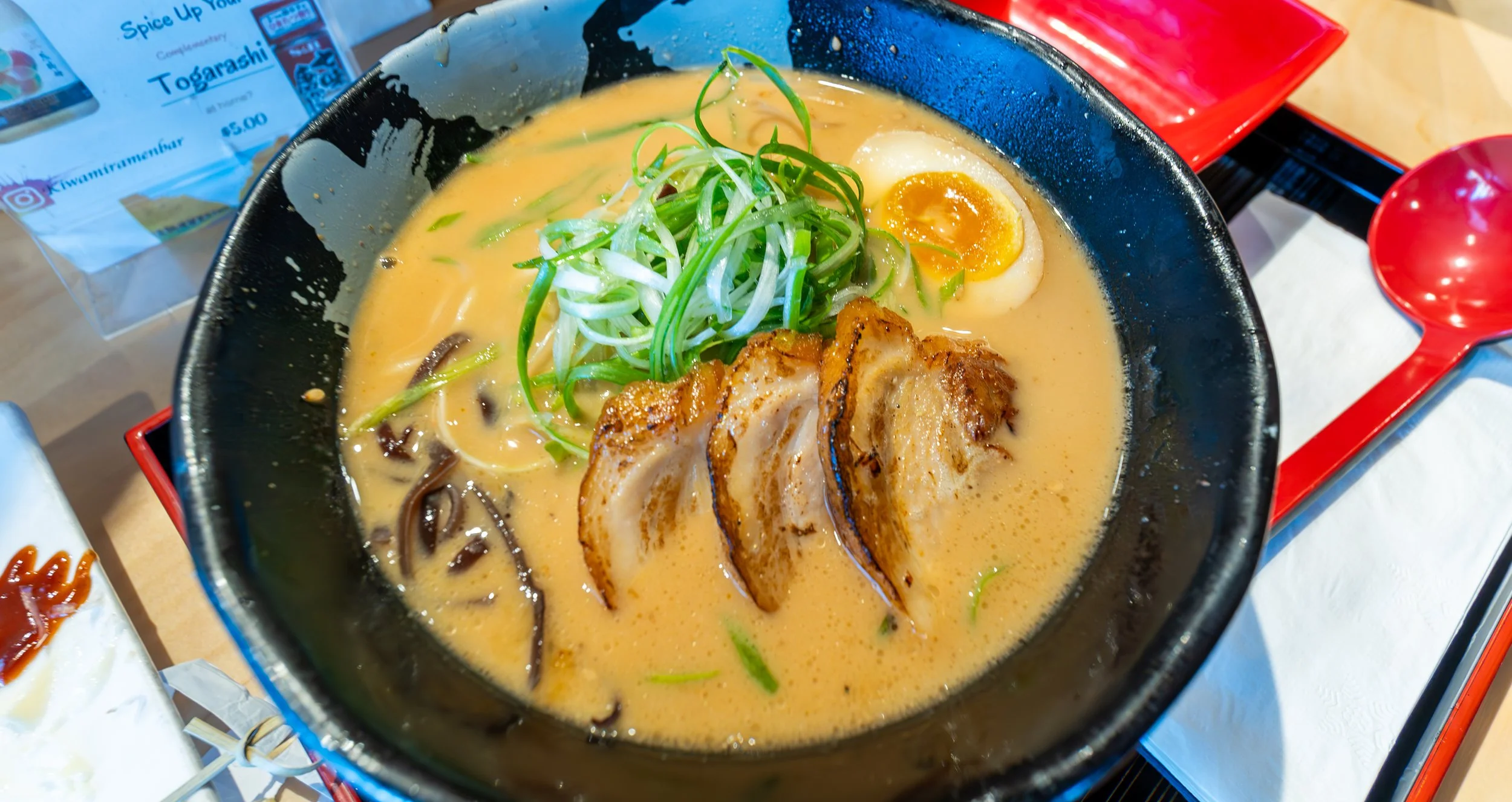 Tonkotsu ramen with pork belly and soft boiled egg at Kiwami Ramen in Tucson Arizona