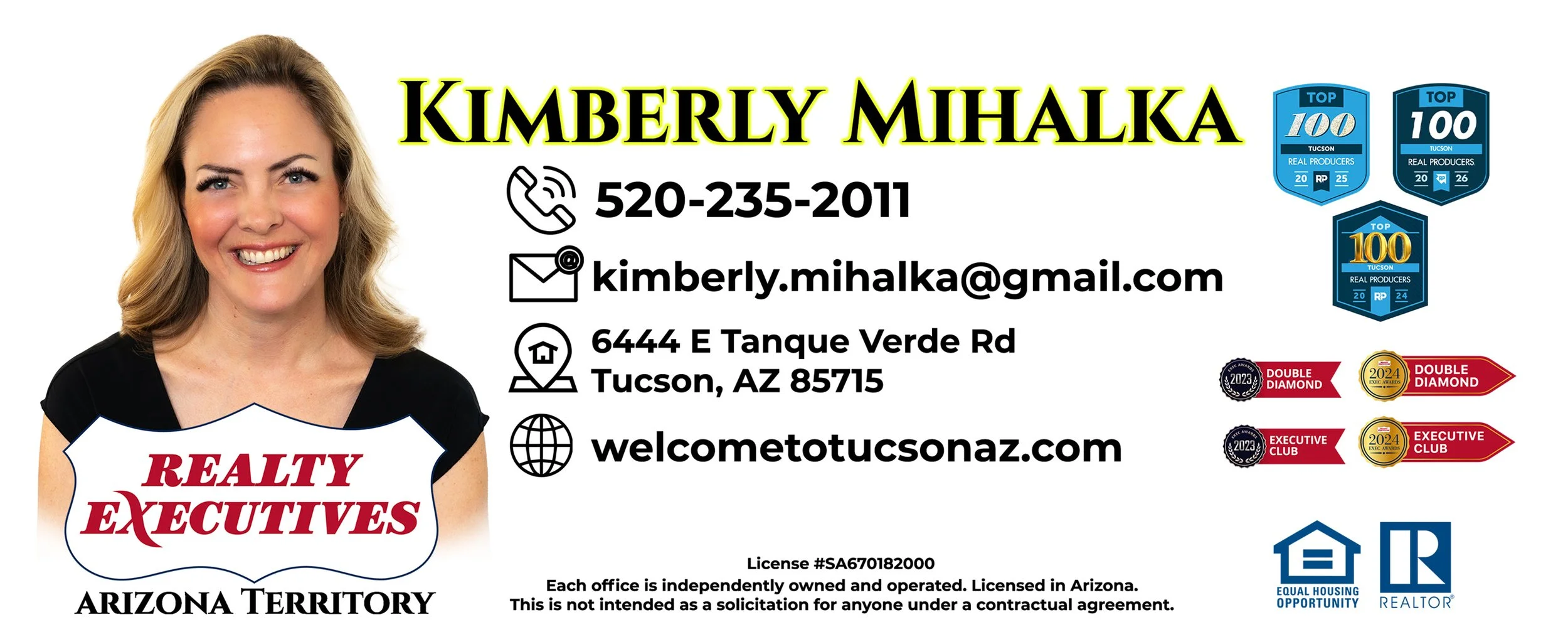 Business card featuring a female real estate agent named Kimberly Mihalka, with contact details, awards badges, and logos for real estate organizations.