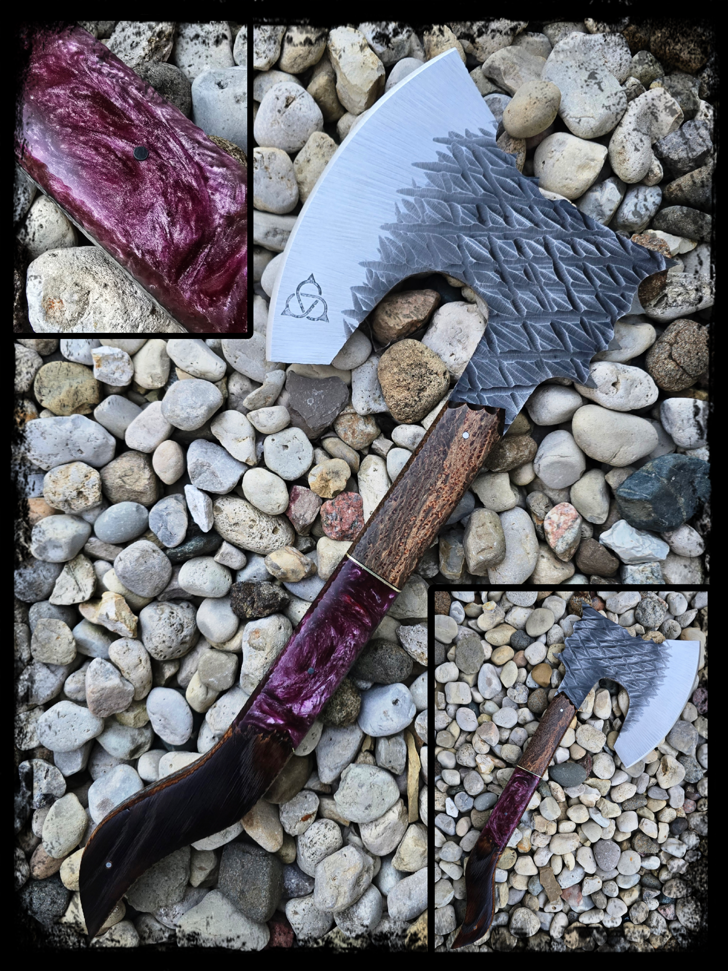 custom hatchet with resin and wood handle made by gordian key forge