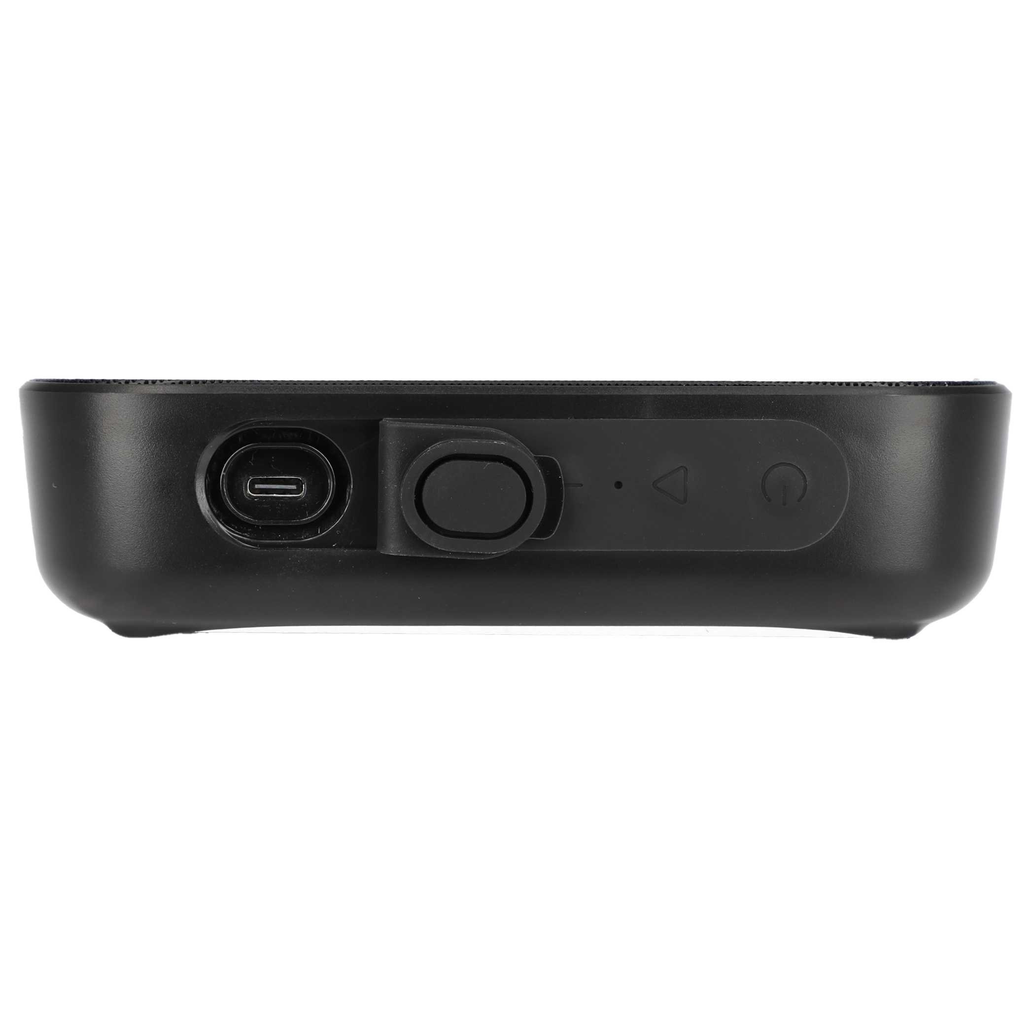 Close-up of Black Stark 2.0 Bluetooth® Speaker showing USB-C charging port and power controls