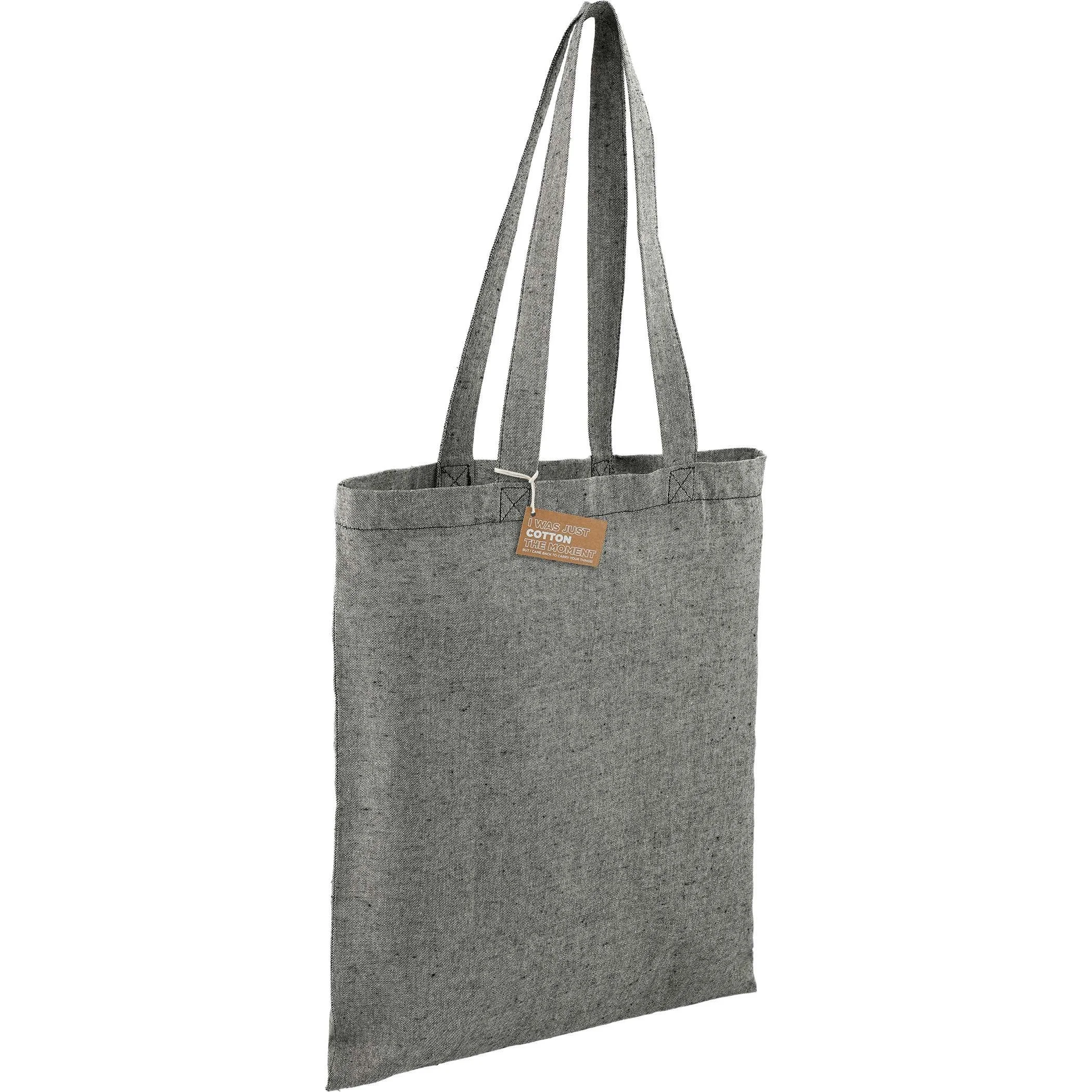 Heather gray recycled tote with long handles shown from angled side