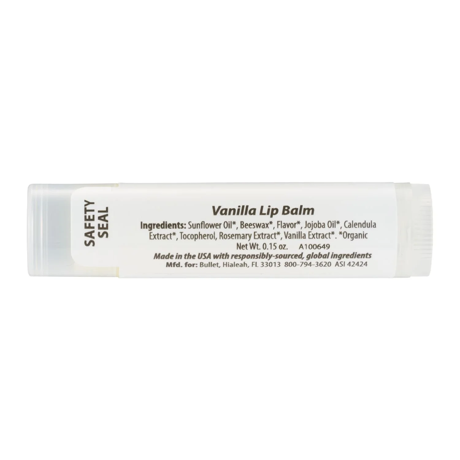 Close-up of 95% Organic Lip Balm label listing ingredients like sunflower oil and vanilla extract