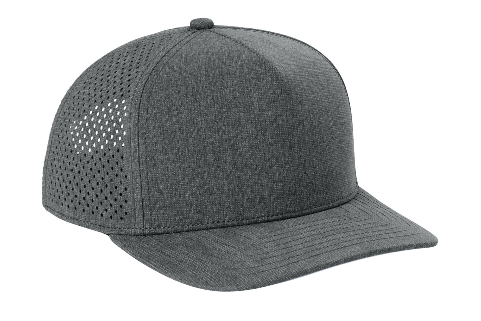 Right angle of the Heather Gear Grey OGIO 5-panel cap showing moisture-wicking fabric and stitching details