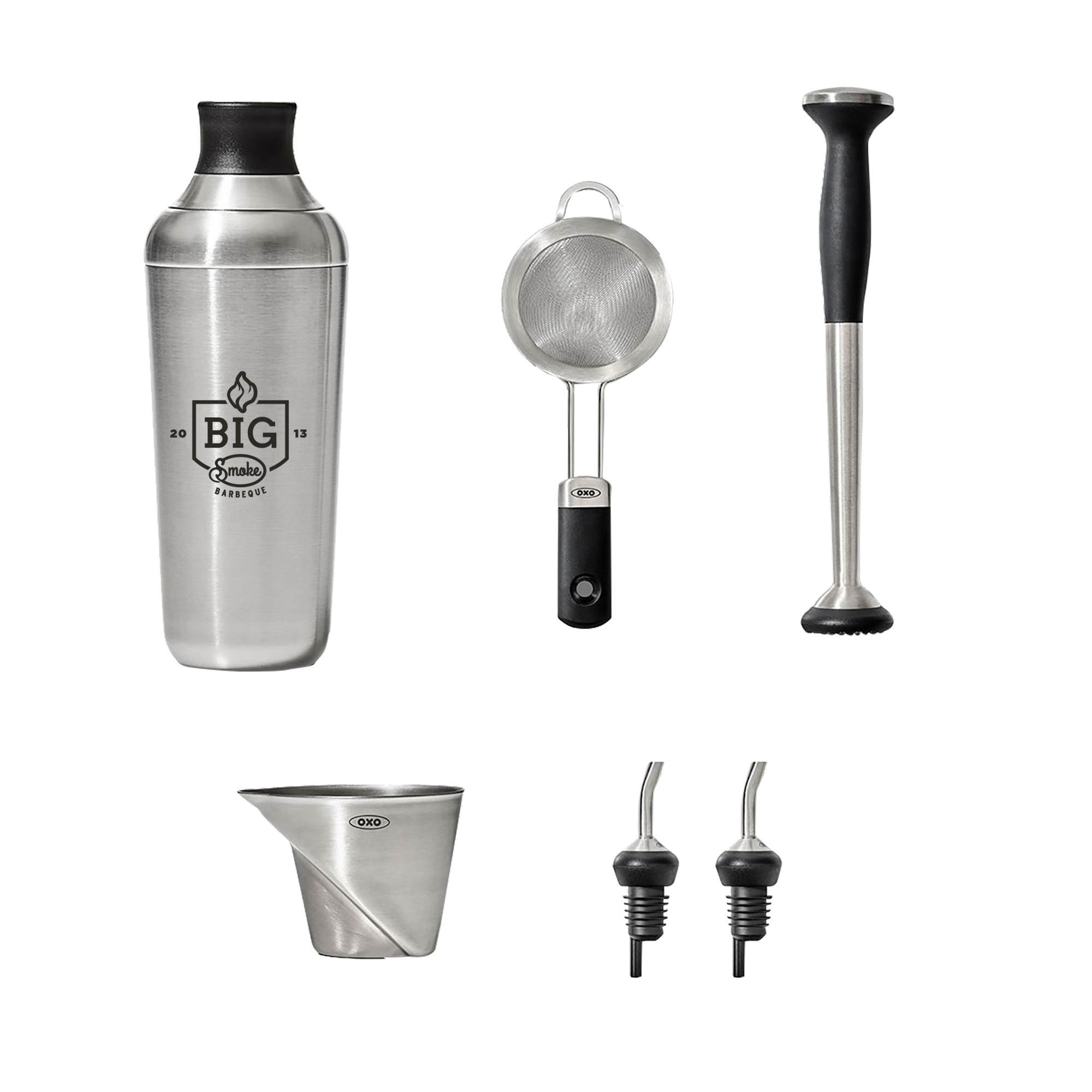 Kit laid out with custom logo on shaker – "Branded OXO barware set featuring custom shaker"