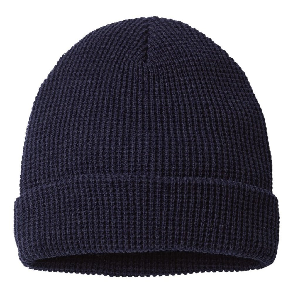 Flat lay of the Richardson 146R Waffle Knit Beanie in Navy with visible cuff and seams