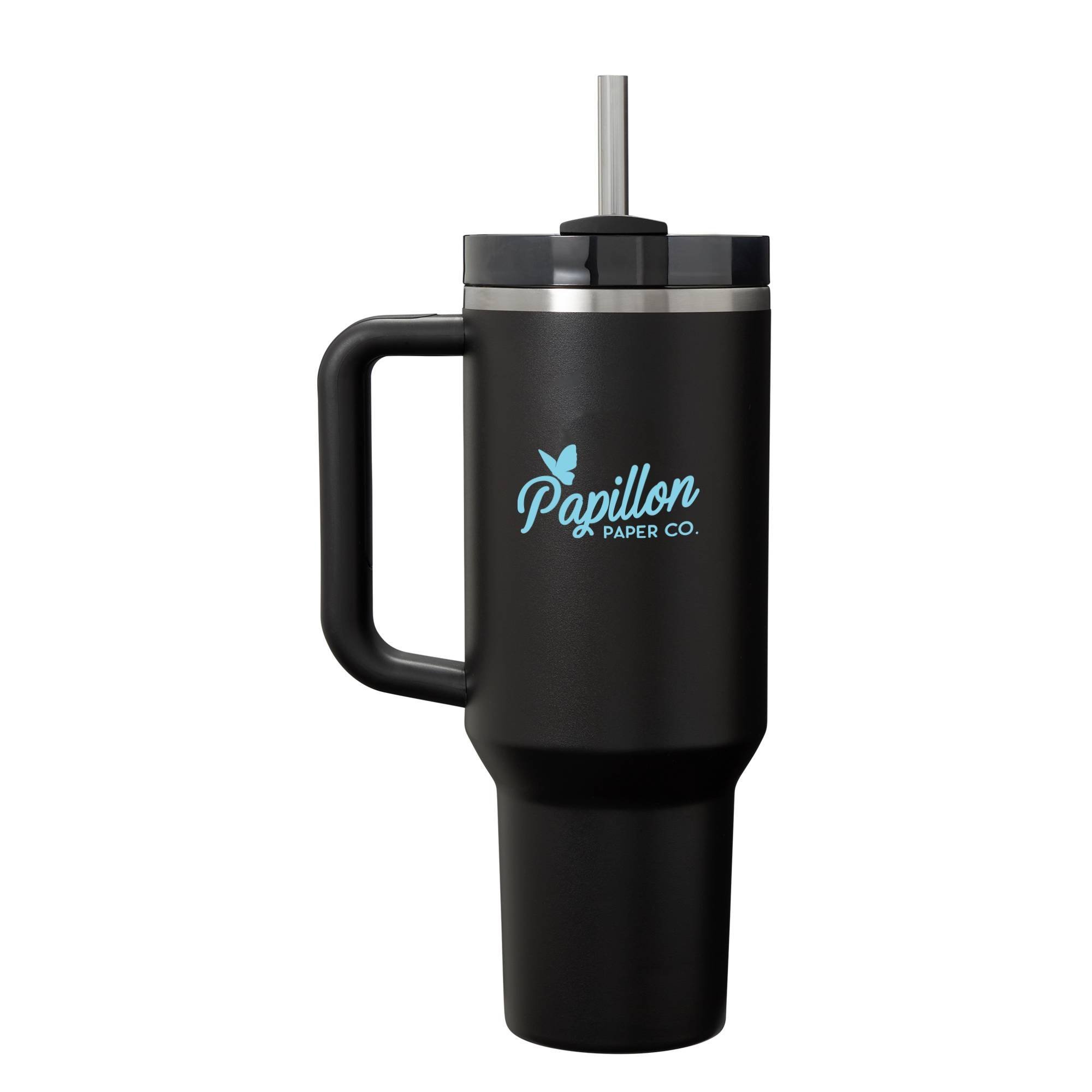 Black custom Stanley Quencher 40oz tumbler with light blue Papillon Paper Co. branding