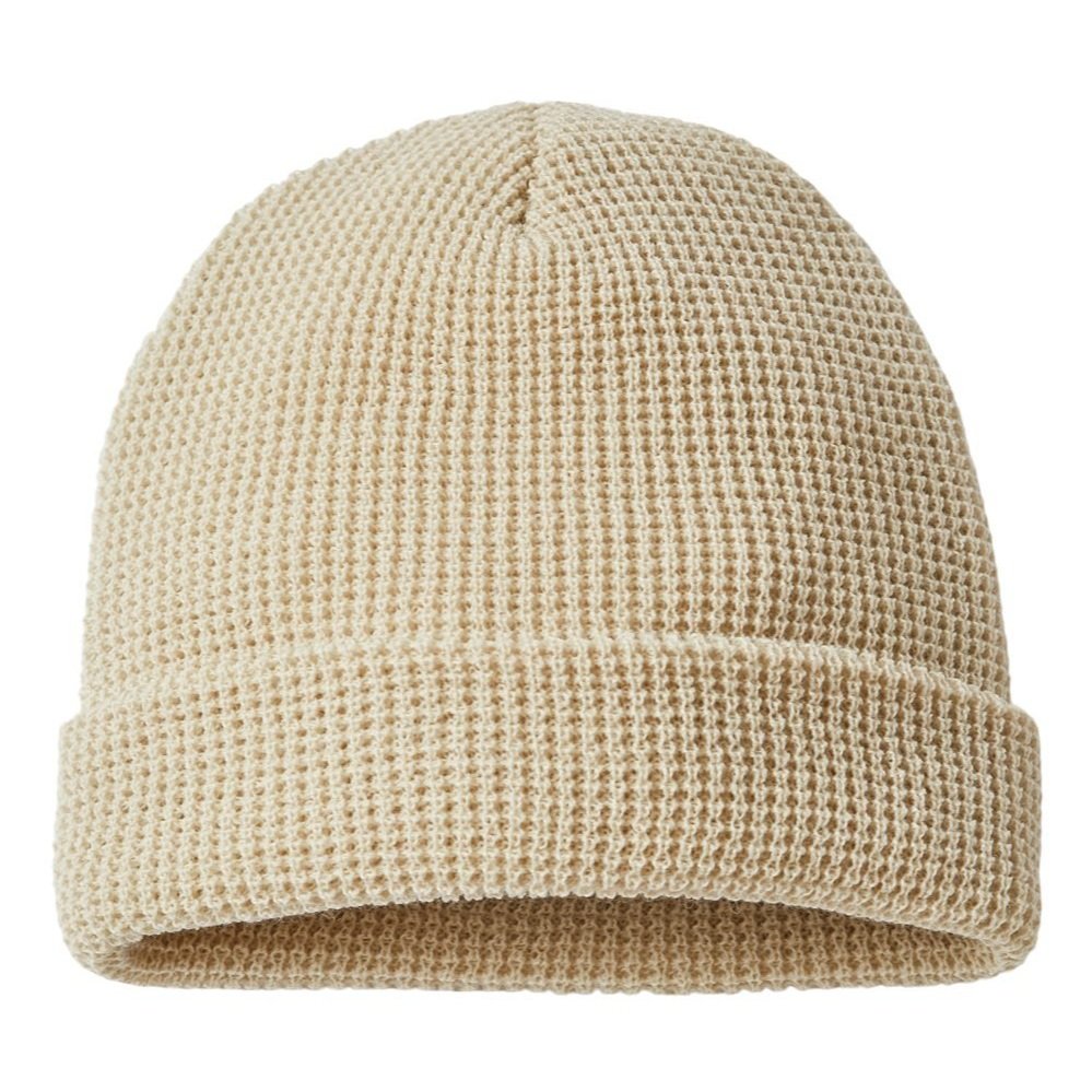 Flat lay of the Richardson 146R Waffle Knit Beanie in Birch with visible cuff and seams