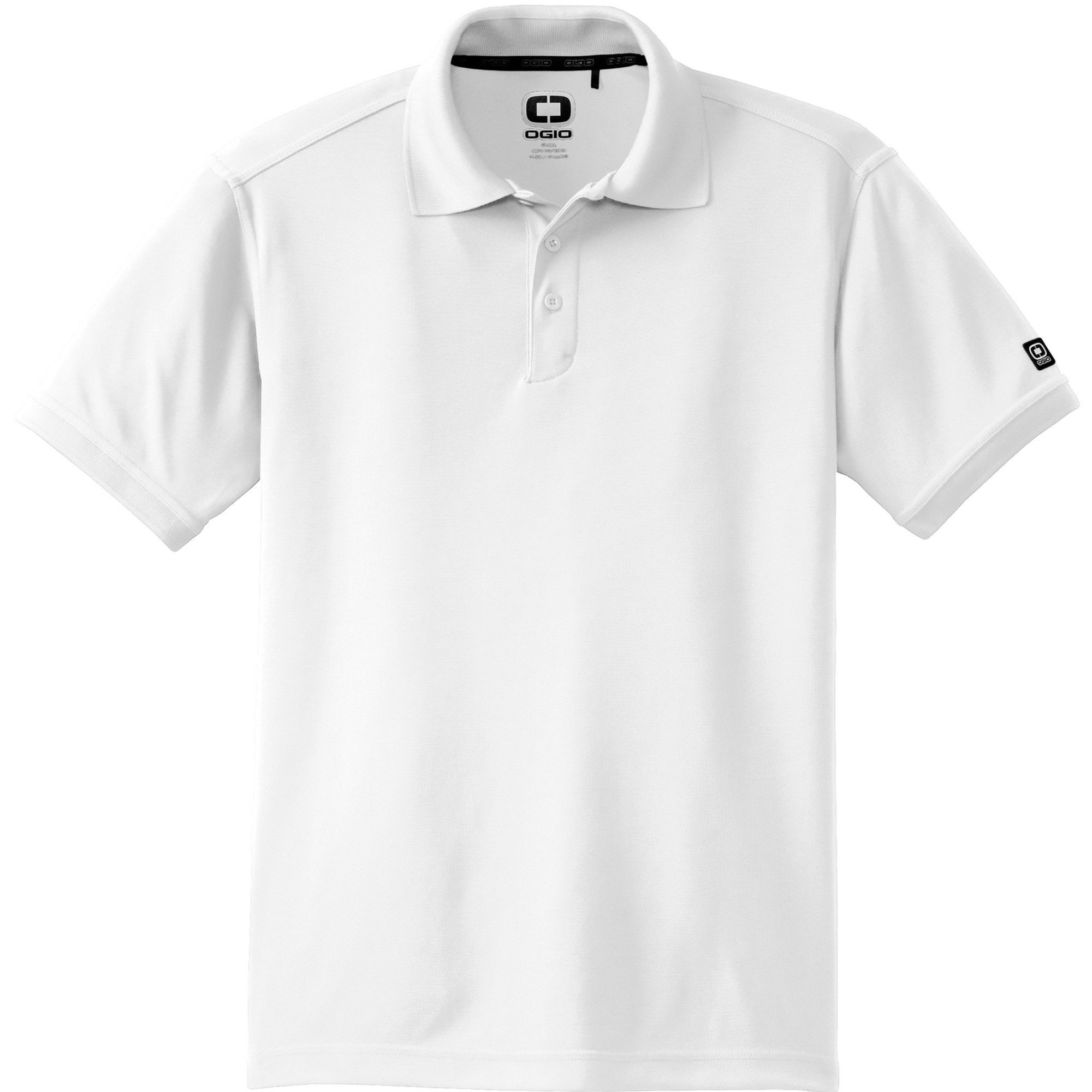 OGIO Caliber2.0 Polo in Bright White, shown from front, featuring 3-button placket and tonal OGIO sleeve logo.