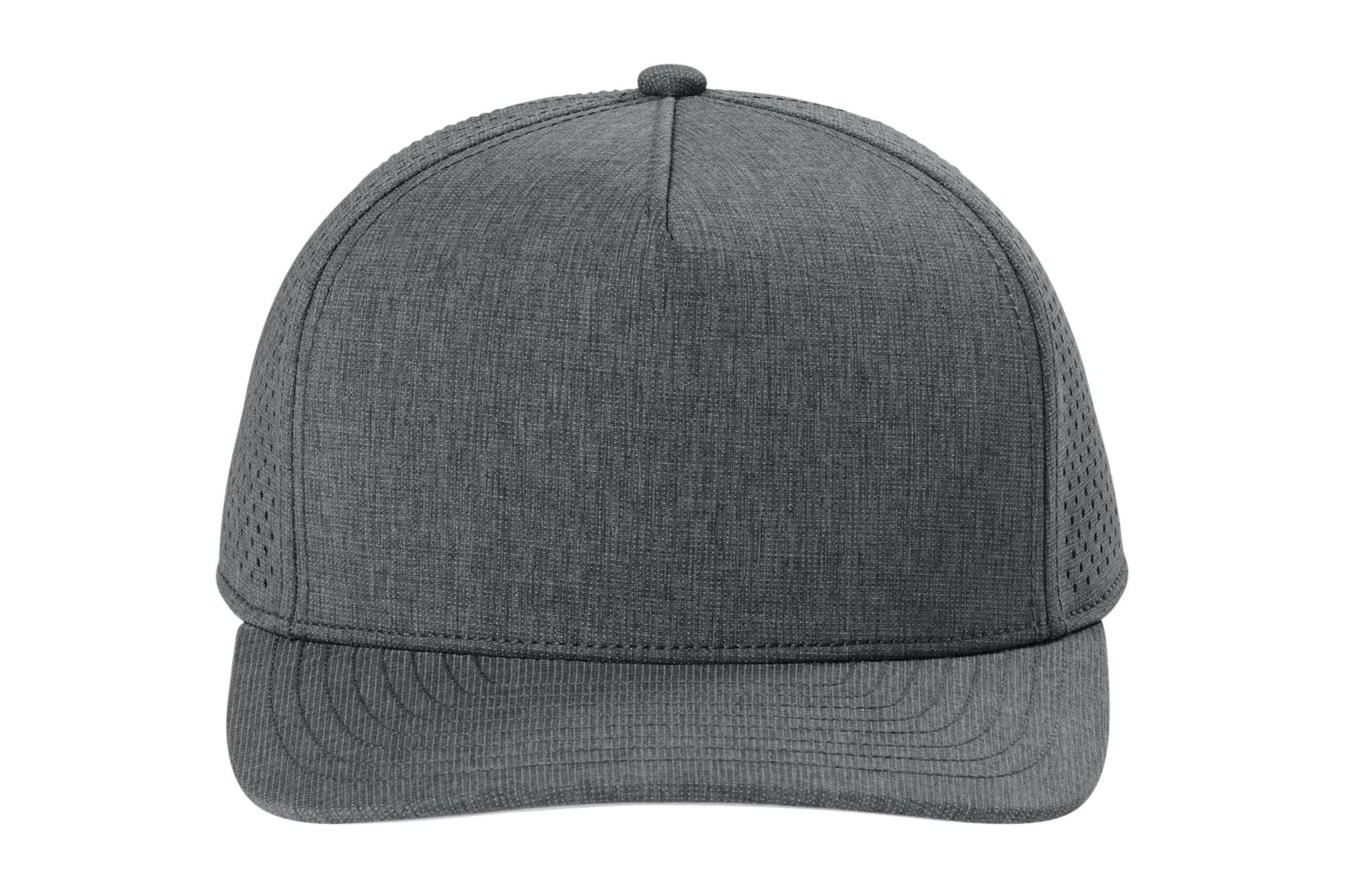 Front view of the Heather Gear Grey OGIO 5-panel low-profile performance cap with structured crown and curved visor