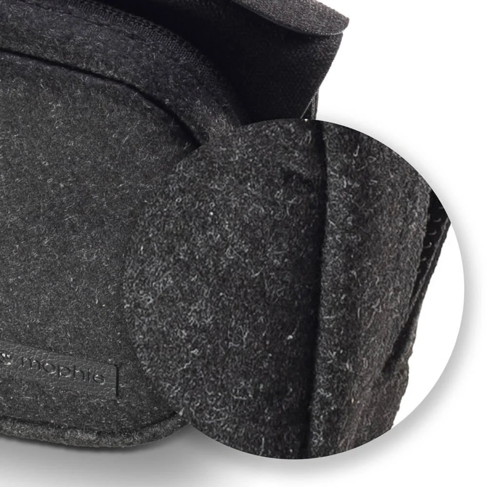 Close-up of textured felt travel case fabric on Mophie 3-in-1 charger