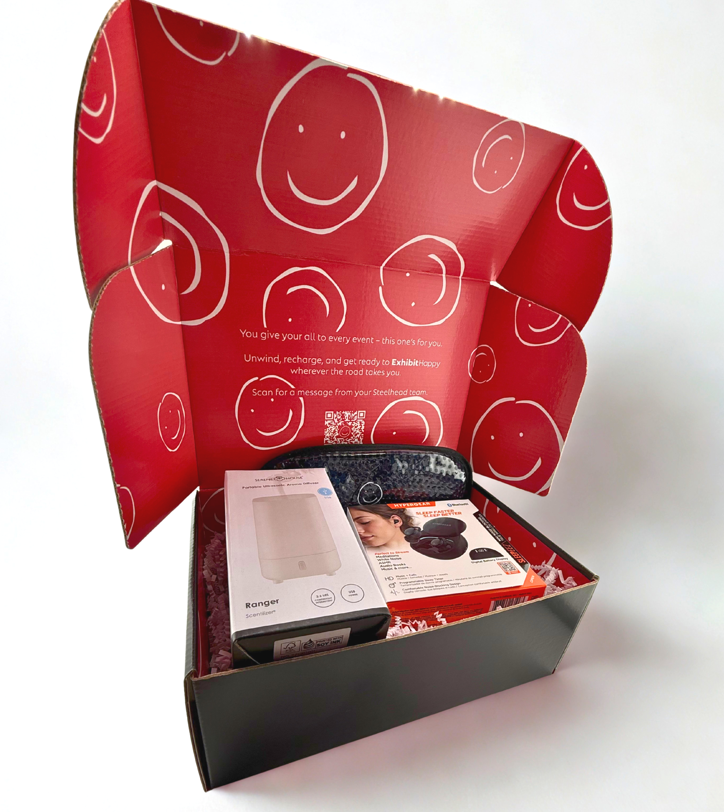 Fully customized event gift box with branded packaging and curated wellness products for trade show teams and corporate clients. Designed for high-end experiential marketing, this Las Vegas-focused promotional kit combines functionality and brand sto