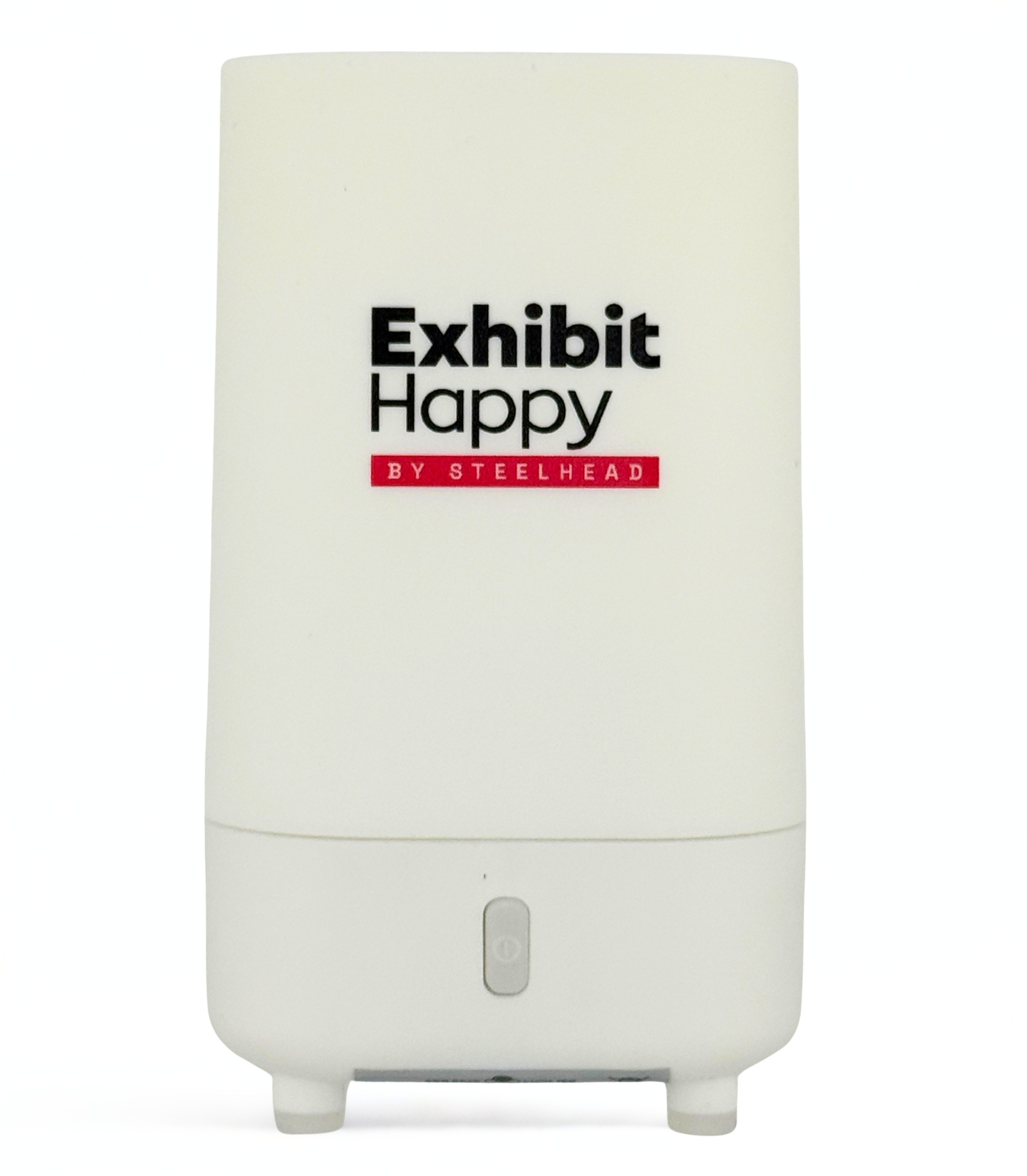Modern ultrasonic aroma diffuser customized with Exhibit Happy by Steelhead company branding for premium corporate gifts and wellness-focused promotional campaigns. A unique branded merchandise option that aligns with employee wellness, client apprec