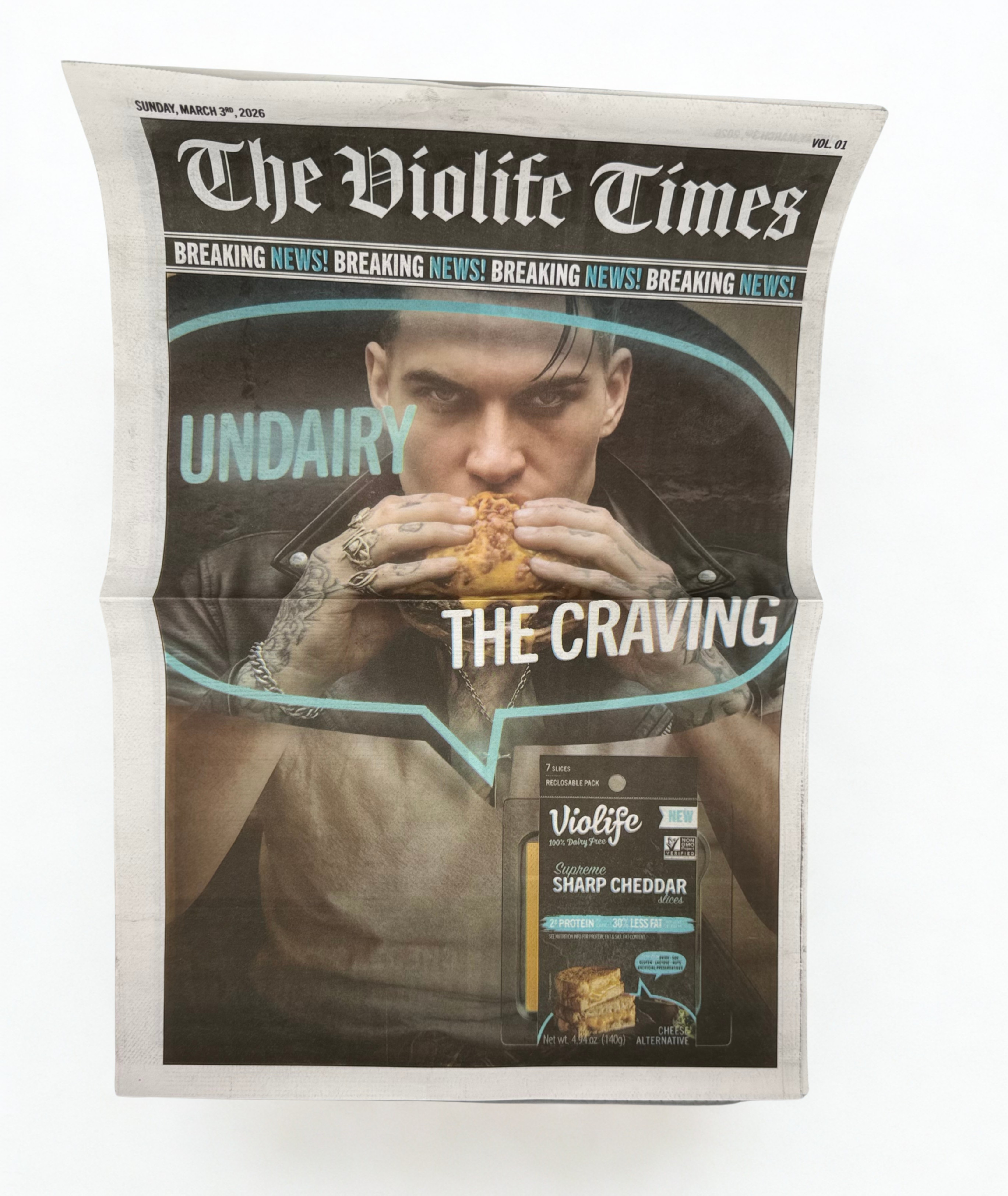 Custom printed newspaper-style advertisement designed for high-impact experiential marketing and brand storytelling. This editorial-inspired promotional piece blends bold creative direction with product placement to capture attention at trade shows, 