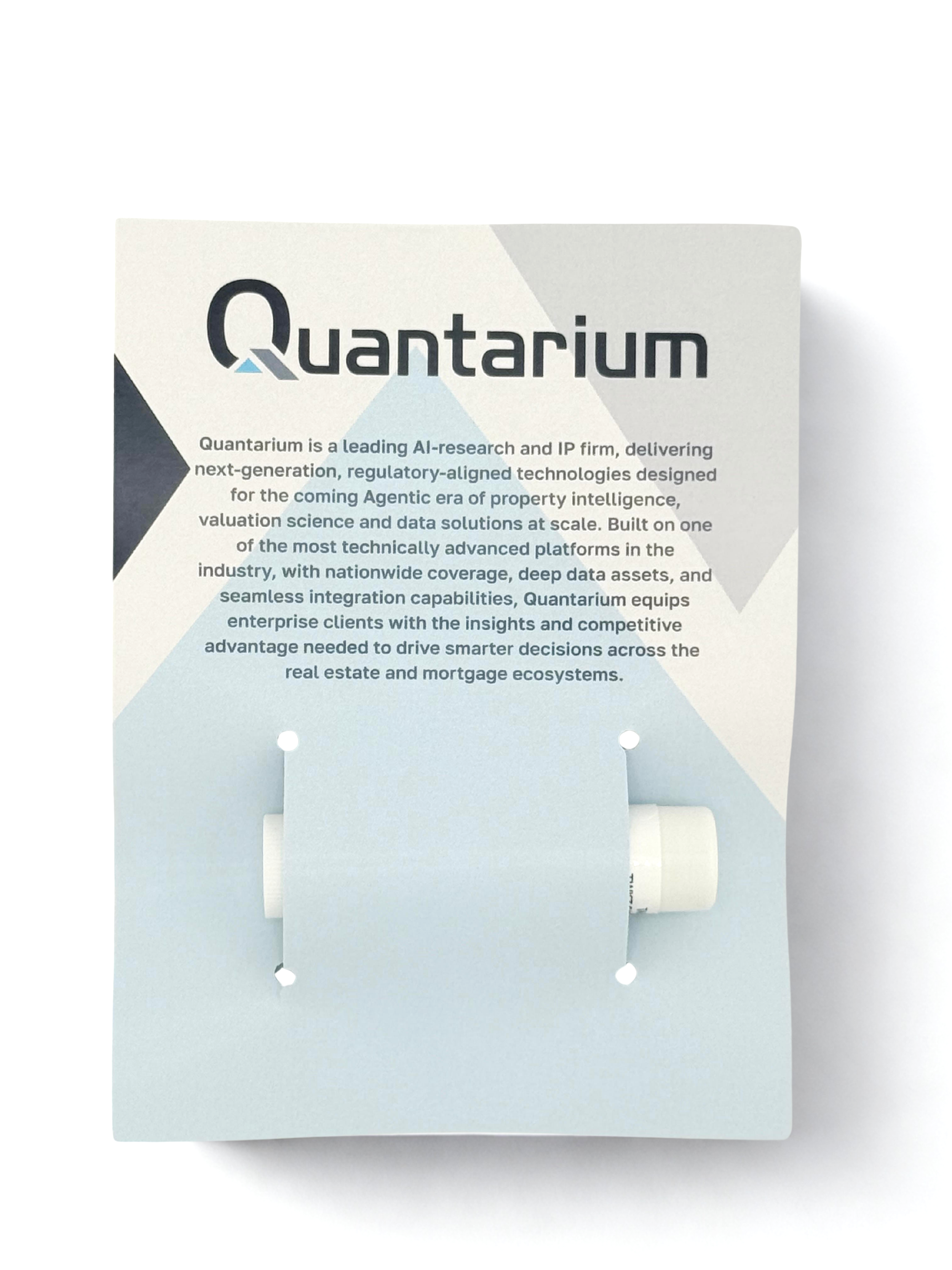 The reverse side of the Quantarium promotional card highlights the company’s leadership in AI research and IP development. Messaging focuses on advanced technology, data solutions, and empowering enterprise clients in the real estate and mortgage ind