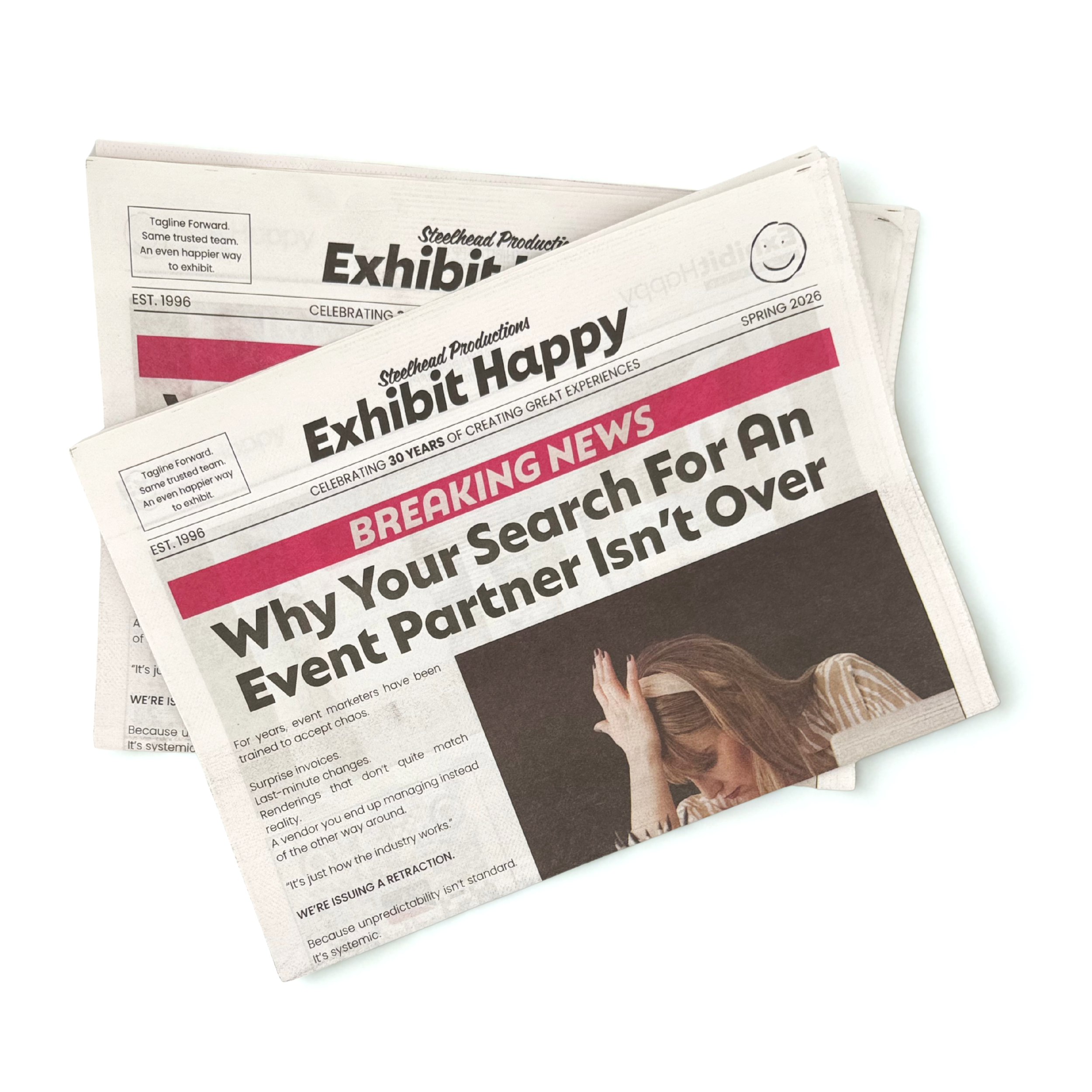 Creative direct mail and event marketing piece designed as a custom branded newspaper for experiential campaigns. This unique promotional product blends storytelling with branding, making it ideal for trade show distribution, product launches, and hi