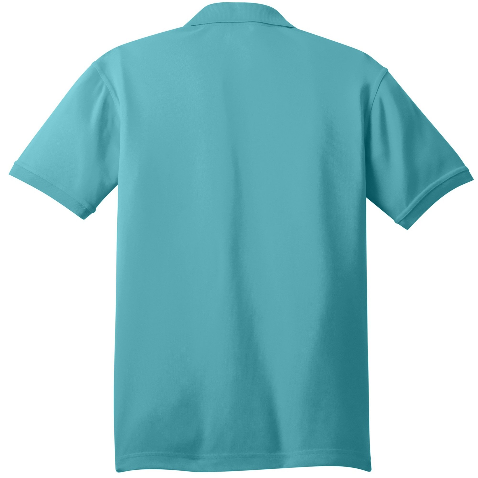 OGIO Caliber2.0 Polo in Hydro Blue, shown from back, featuring 3-button placket and tonal OGIO sleeve logo.