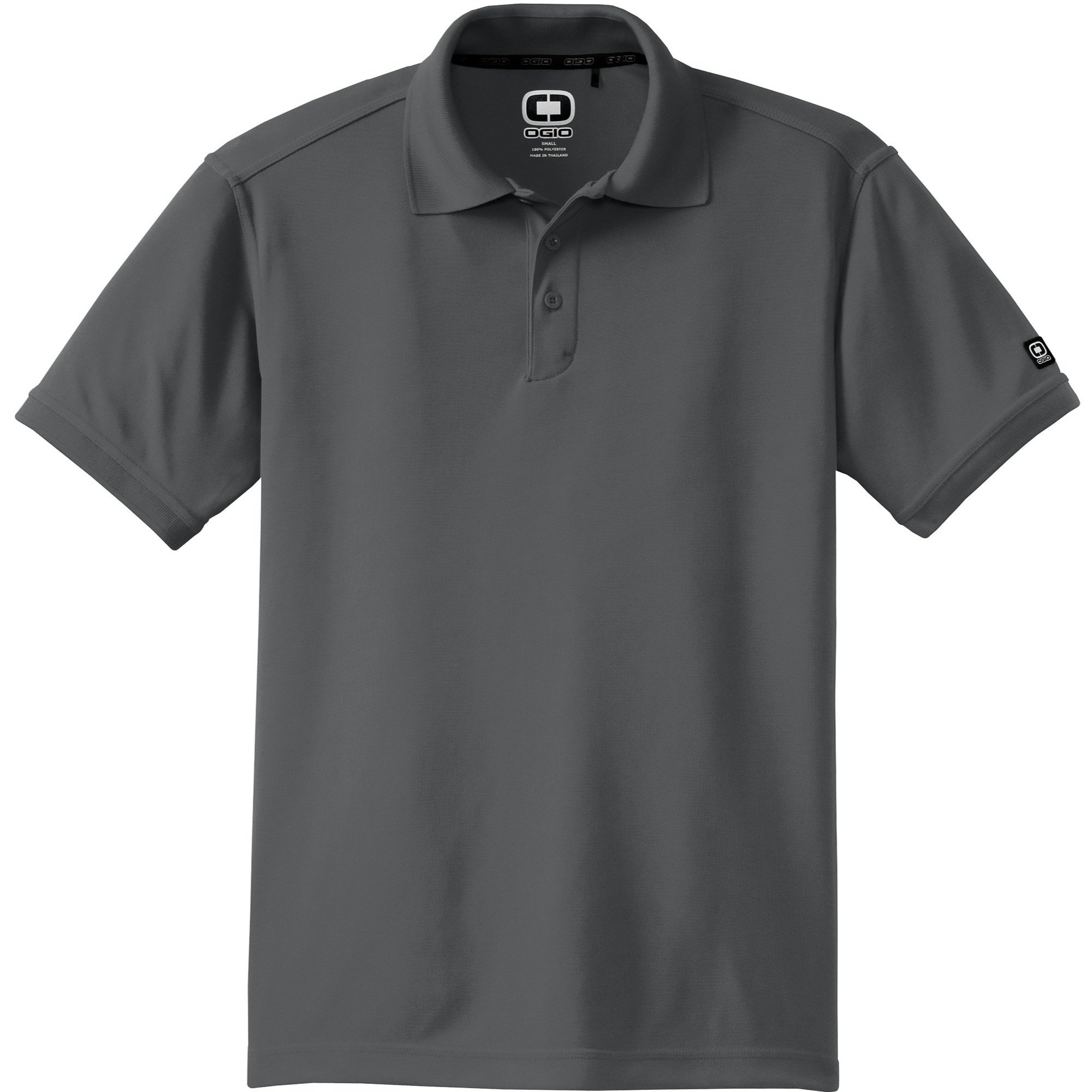 OGIO Caliber2.0 Polo in Diesel Grey, shown from front, featuring 3-button placket and tonal OGIO sleeve logo.
