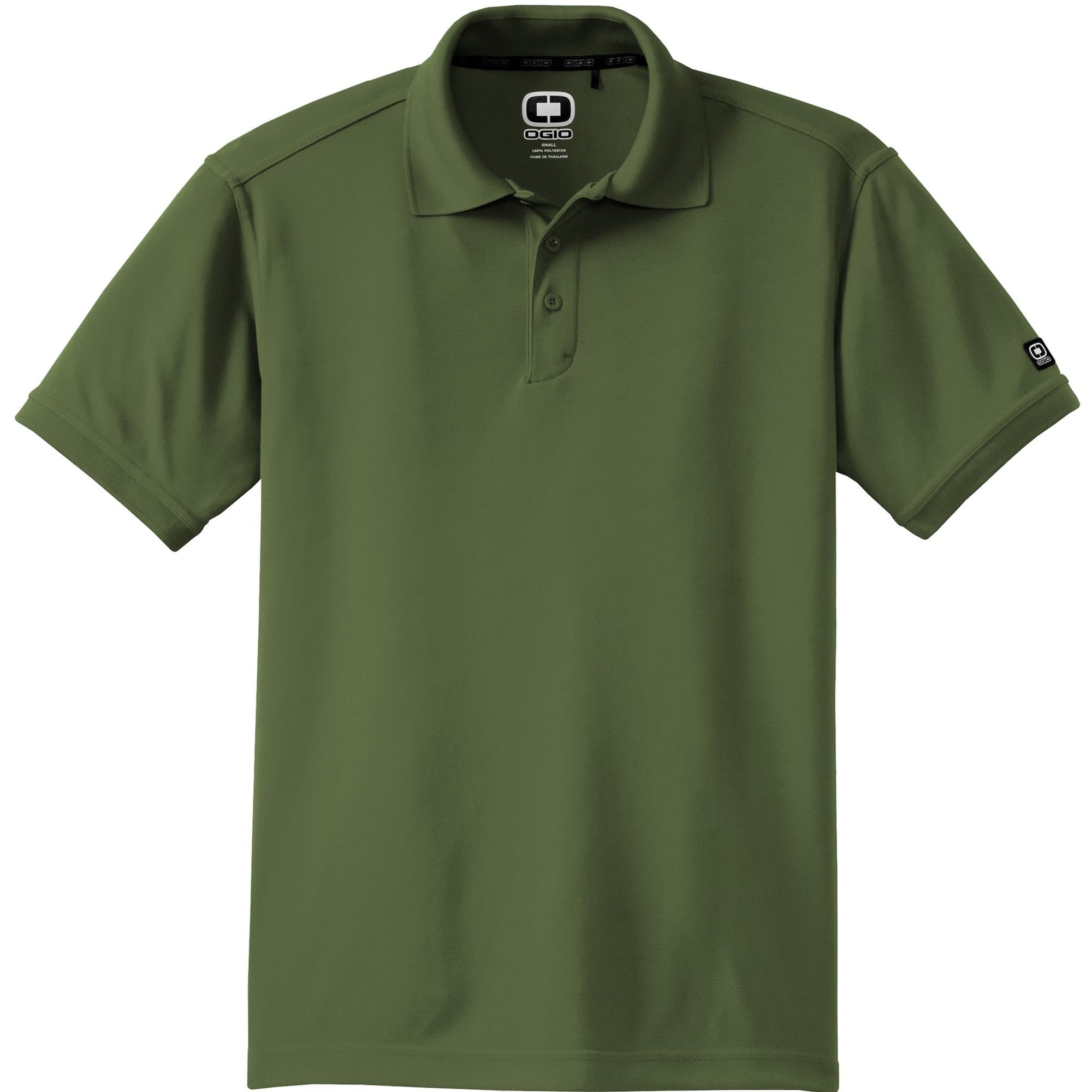 OGIO Caliber2.0 Polo in Grit Green, shown from front, featuring 3-button placket and tonal OGIO sleeve logo.