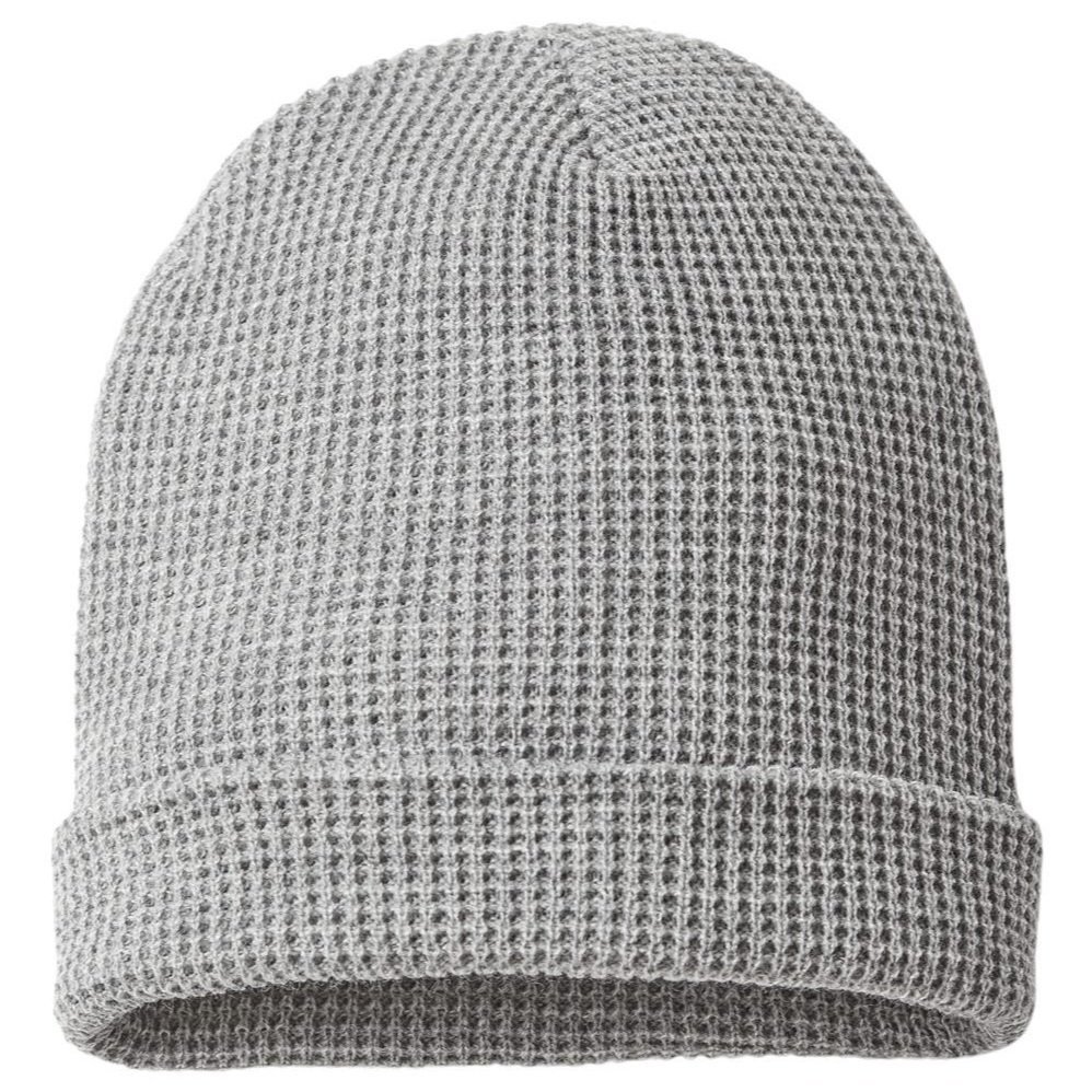 Flat lay of the Richardson 146R Waffle Knit Beanie in Heather Grey with visible cuff and seams