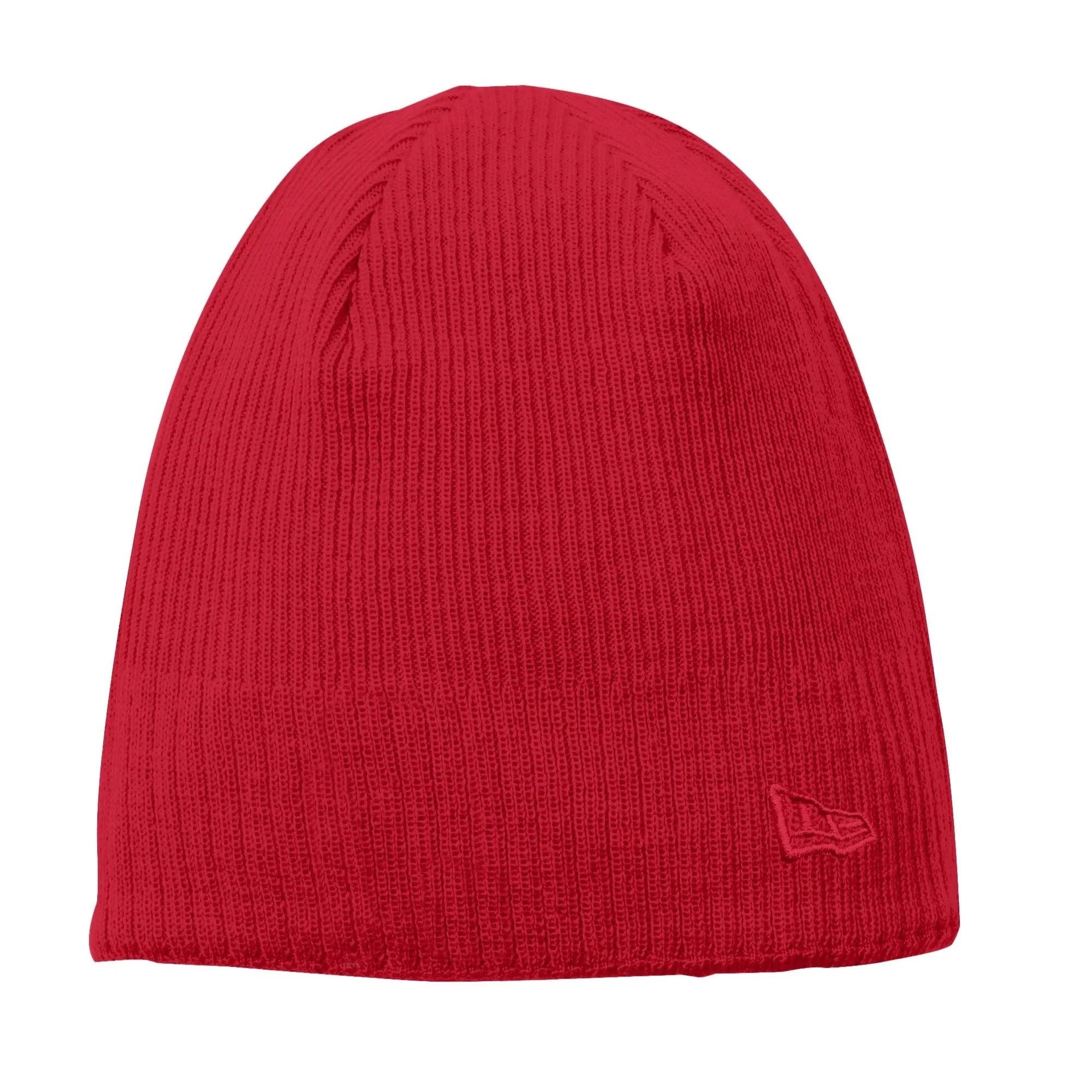Bright red New Era knit beanie shown flat with matching logo