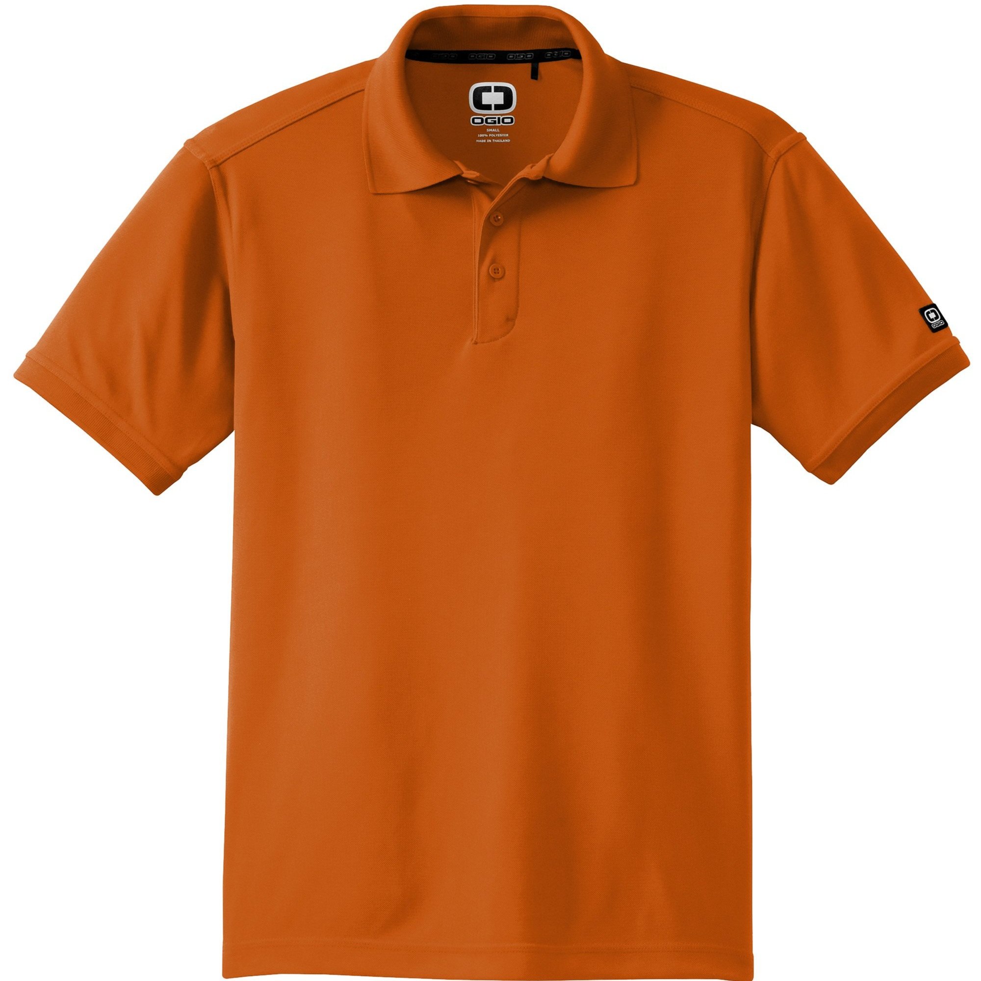 OGIO Caliber2.0 Polo in Flare Orange, shown from front, featuring 3-button placket and tonal OGIO sleeve logo.