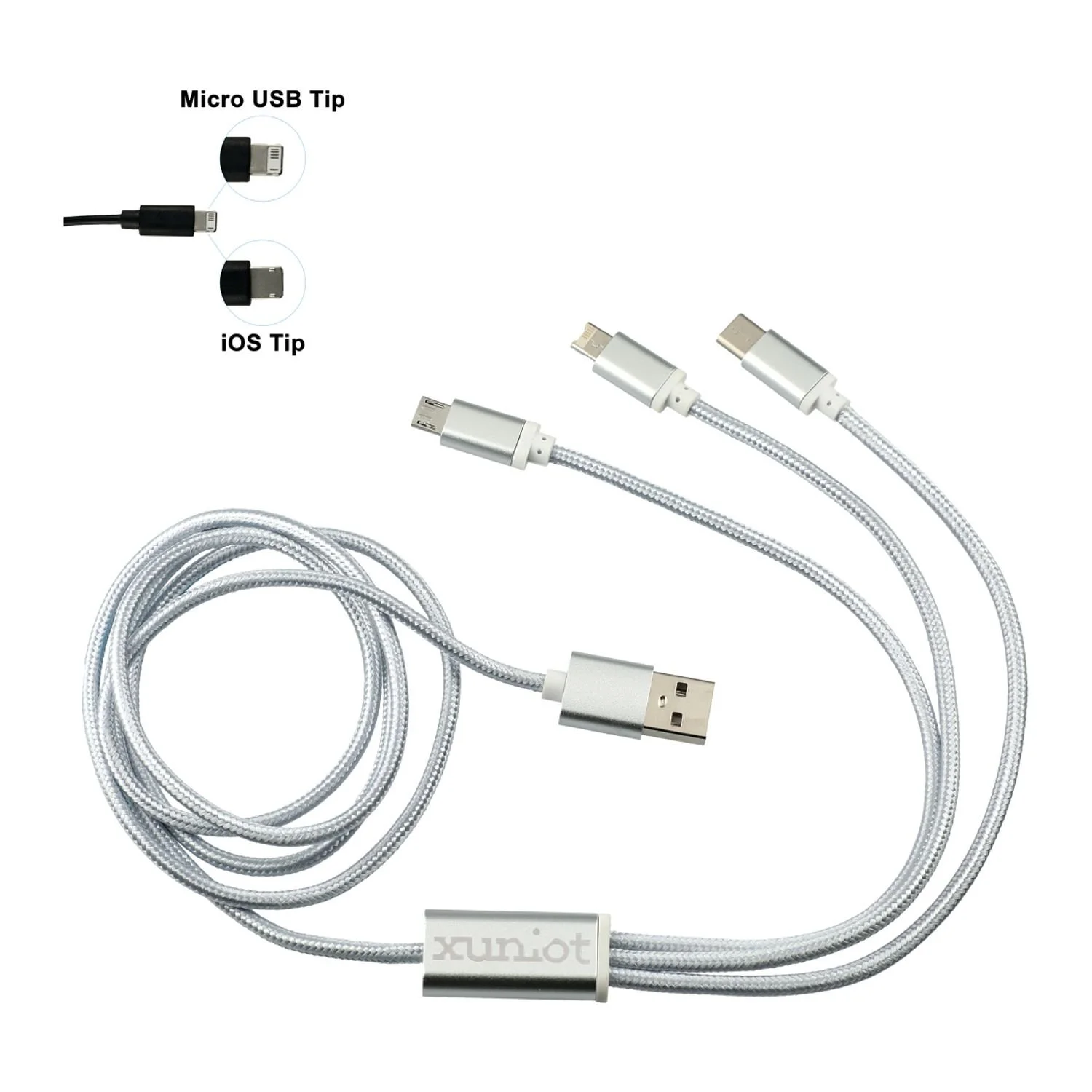 Realm 3-in-1 silver charging cable showing branding space and connector tip options for various devices