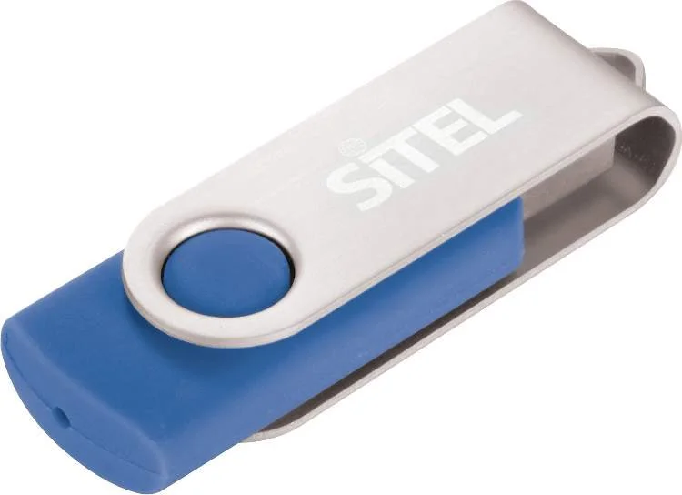 Corporate Blue USB flash drive with exposed connector and silver swivel cover