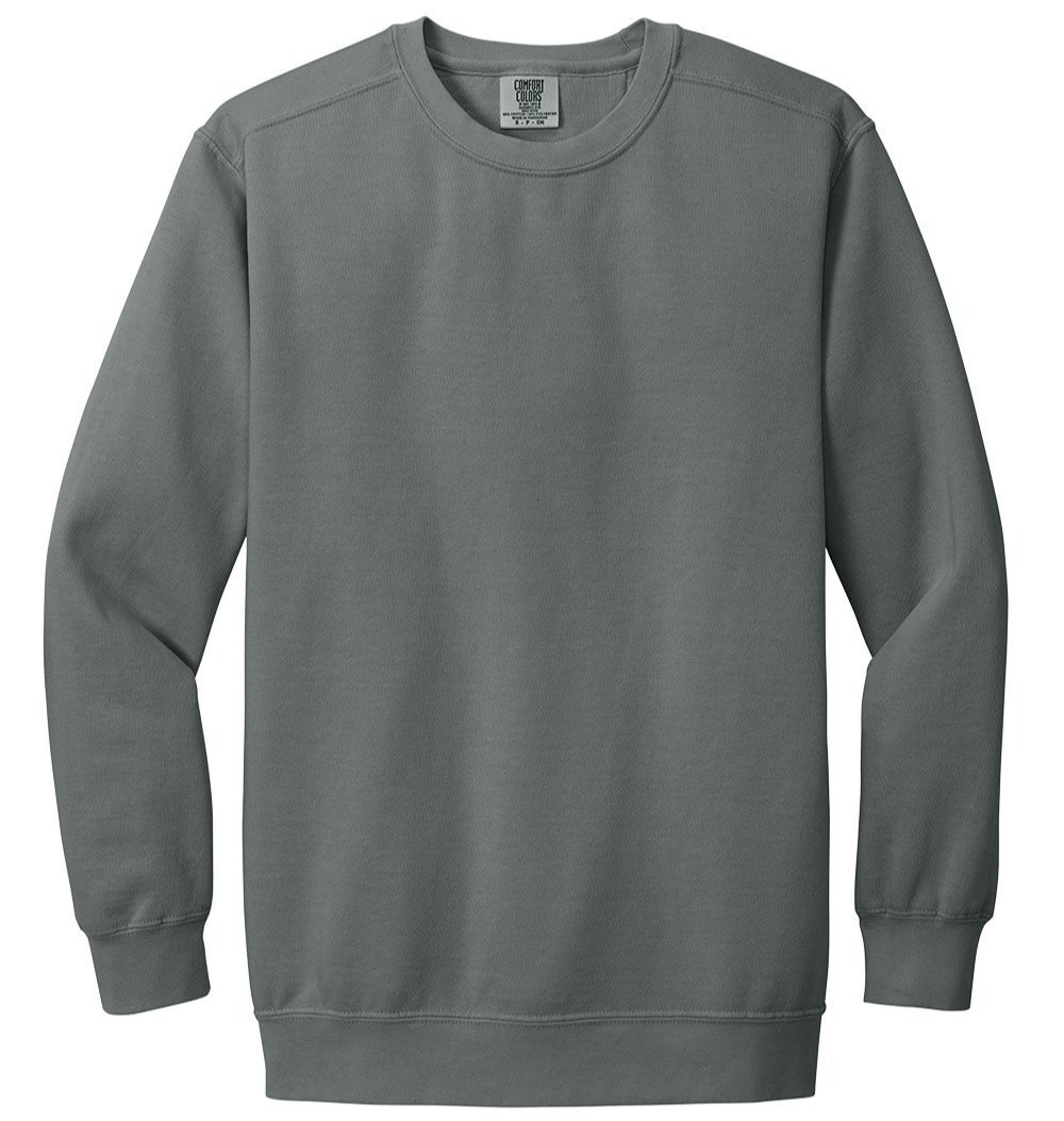 Comfort Colors 1566 crewneck sweatshirt in Grey, front view with pigment-dyed finish and ribbed cuffs