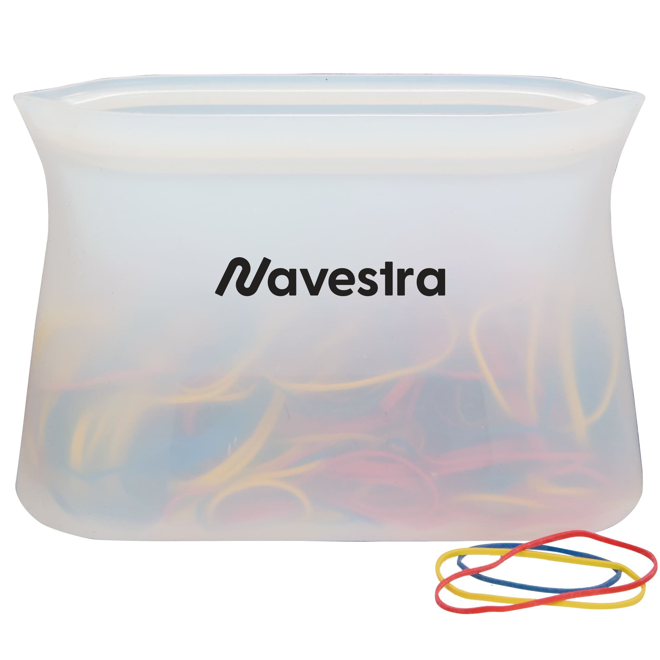 A clear silicone bag filled with multicolor rubber bands, showcasing its flexible use beyond food storage.