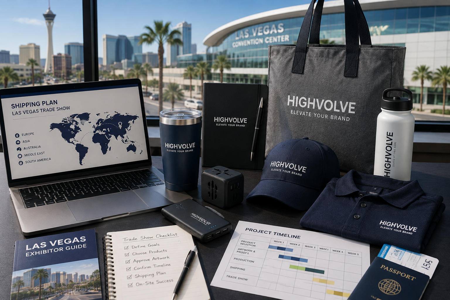 A Las Vegas trade show planning desk with HighVolve branded tote bags, drinkware, apparel, tech accessories, notebooks, a passport, shipping plan, and project timeline for overseas brands coordinating promotional products for a Las Vegas event.