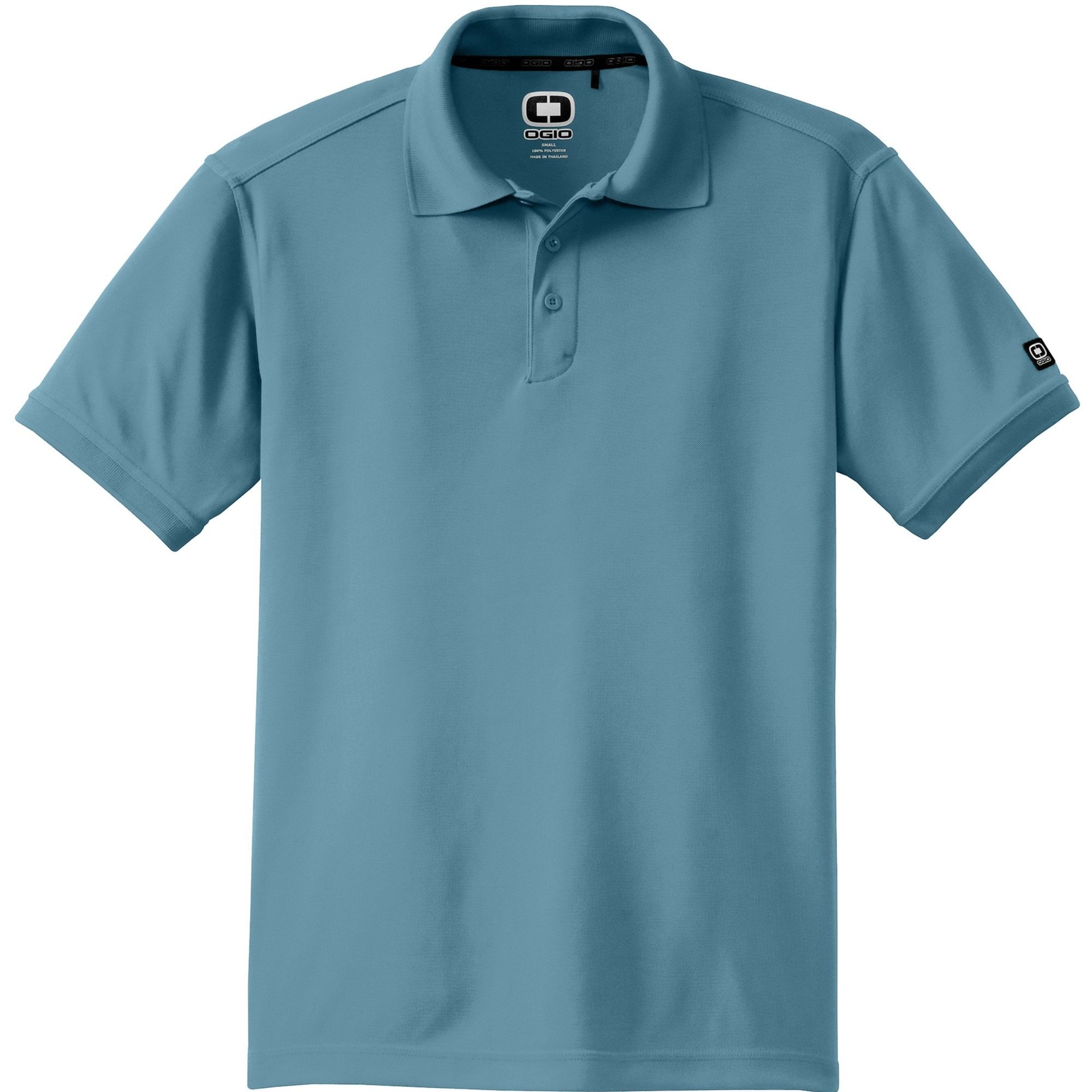 OGIO Caliber2.0 Polo in Blue Mist, shown from front, featuring 3-button placket and tonal OGIO sleeve logo.