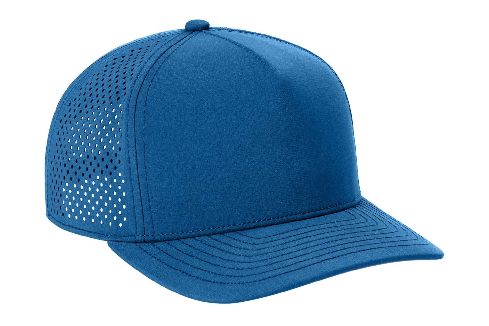 Right angle of the Cobalt Blue OGIO 5-panel cap showing moisture-wicking fabric and stitching details