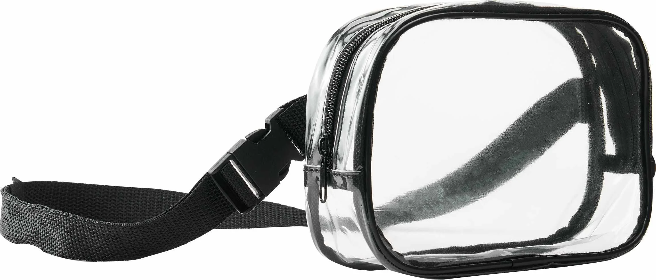Clear crossbody sport pack with black strap, side angle view