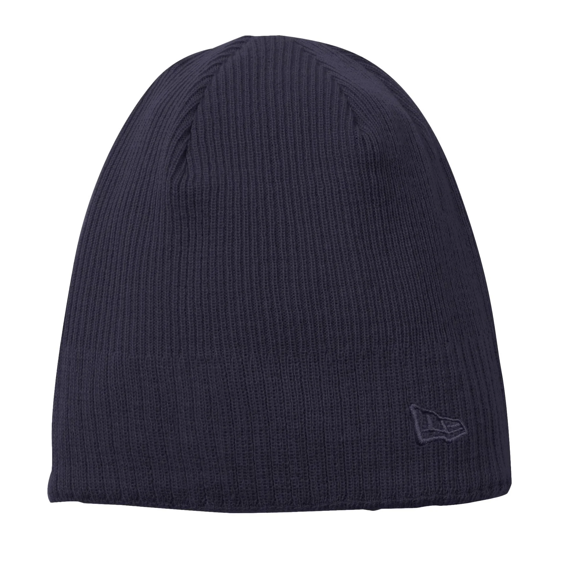 Deep navy New Era knit beanie shown flat with embroidered logo