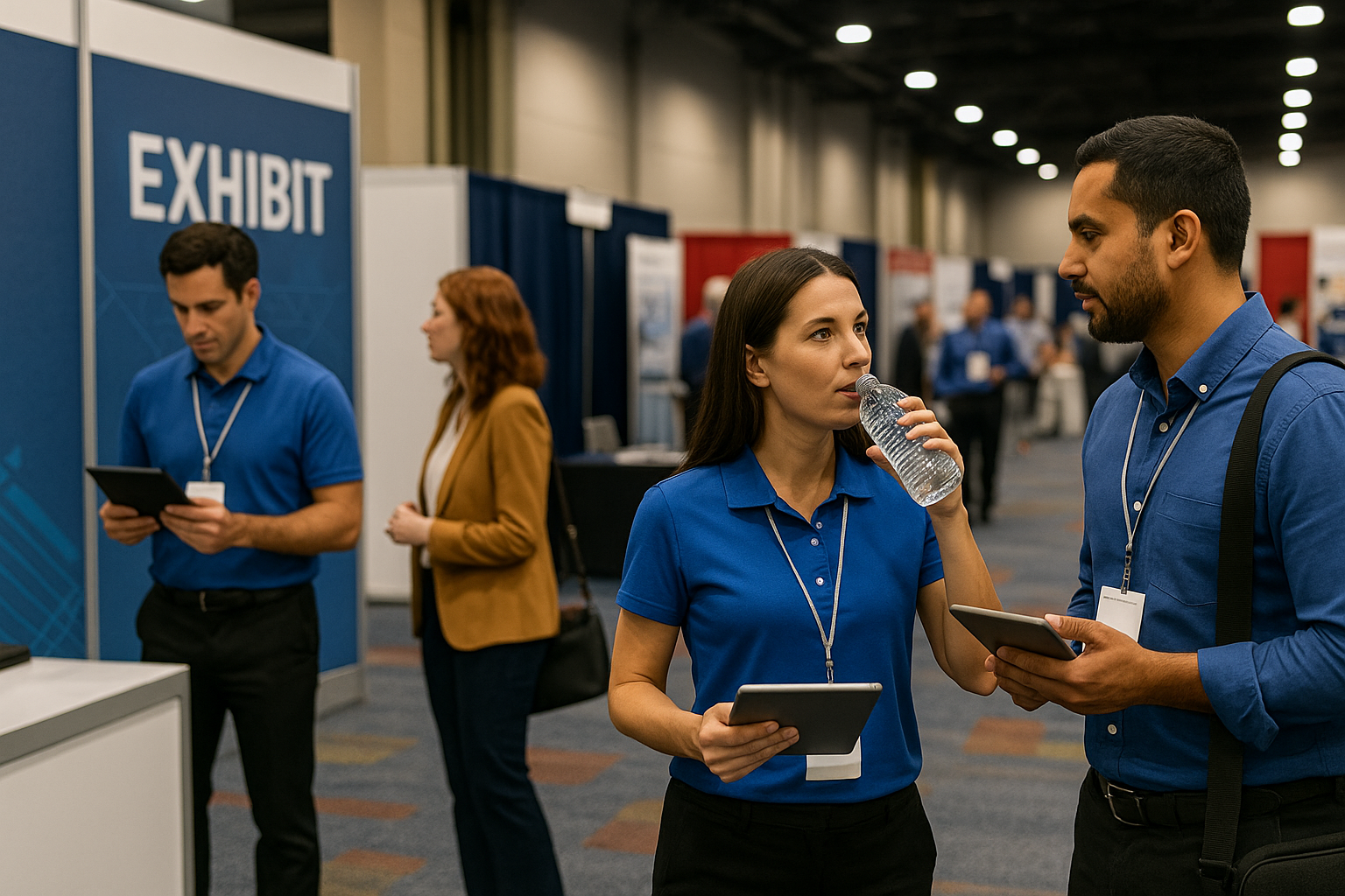 Trade show booth staff at a Las Vegas convention center staying energized, using tablets for lead capture and hydration between attendee interactions, with display booths and signage in the background.