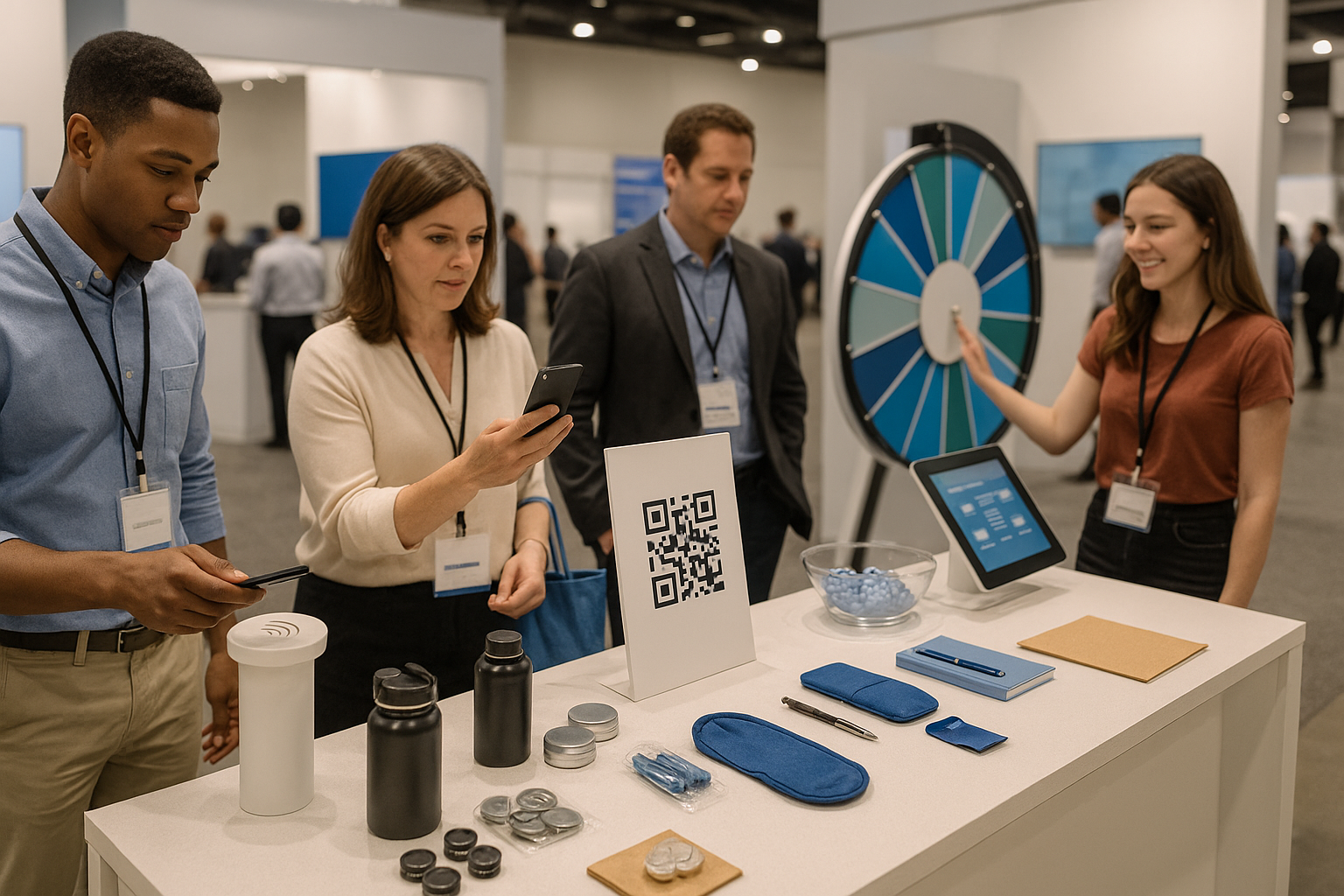 Interactive trade show booth with a touchscreen demo, QR code lead capture, and attendees testing products alongside staffed engagement stations.