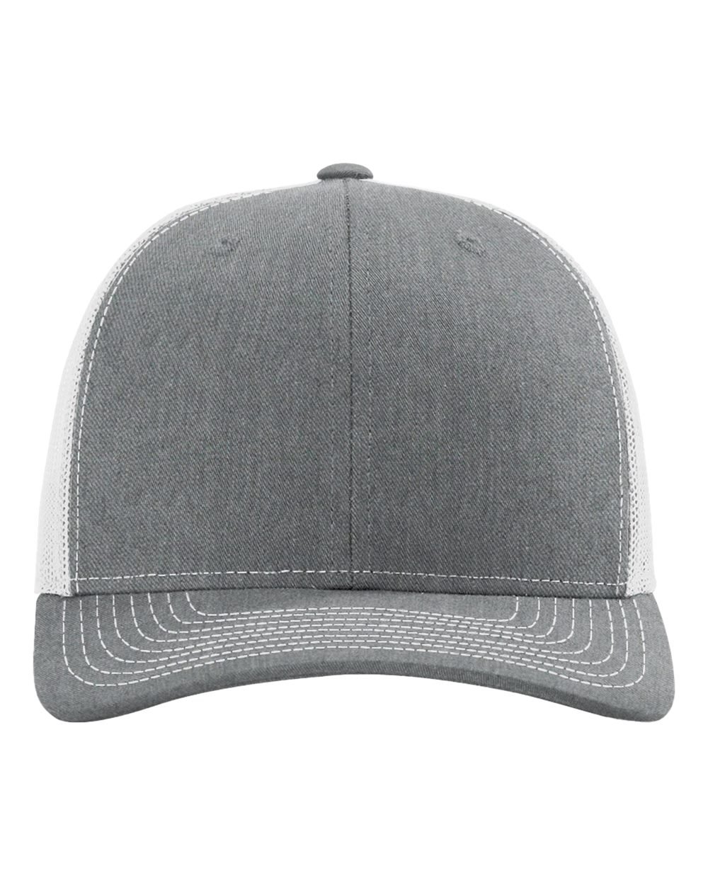 Richardson 112R Snapback Trucker Cap in Heather Grey/Light Grey shown from front angle with no logo.