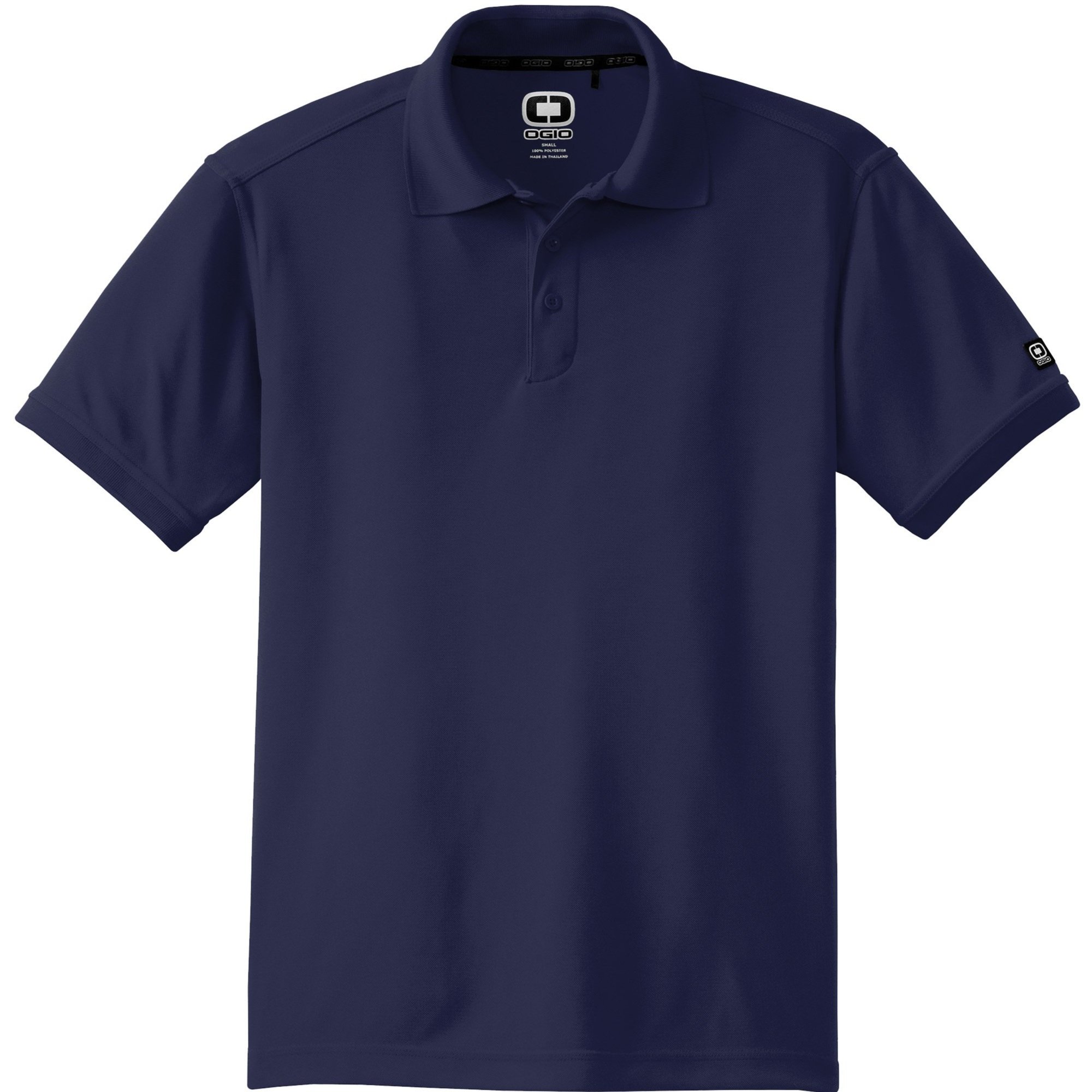OGIO Caliber2.0 Polo in Navy, shown from front, featuring 3-button placket and tonal OGIO sleeve logo.