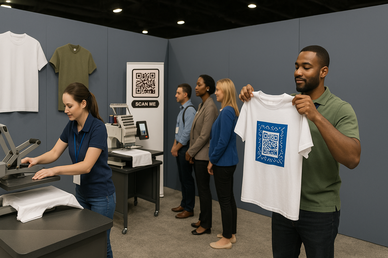 Live screen-printing station at a trade show booth with a press operator, a crowd watching, blank tees and totes on a rack, and a sign with a QR code for custom orders and queueing.